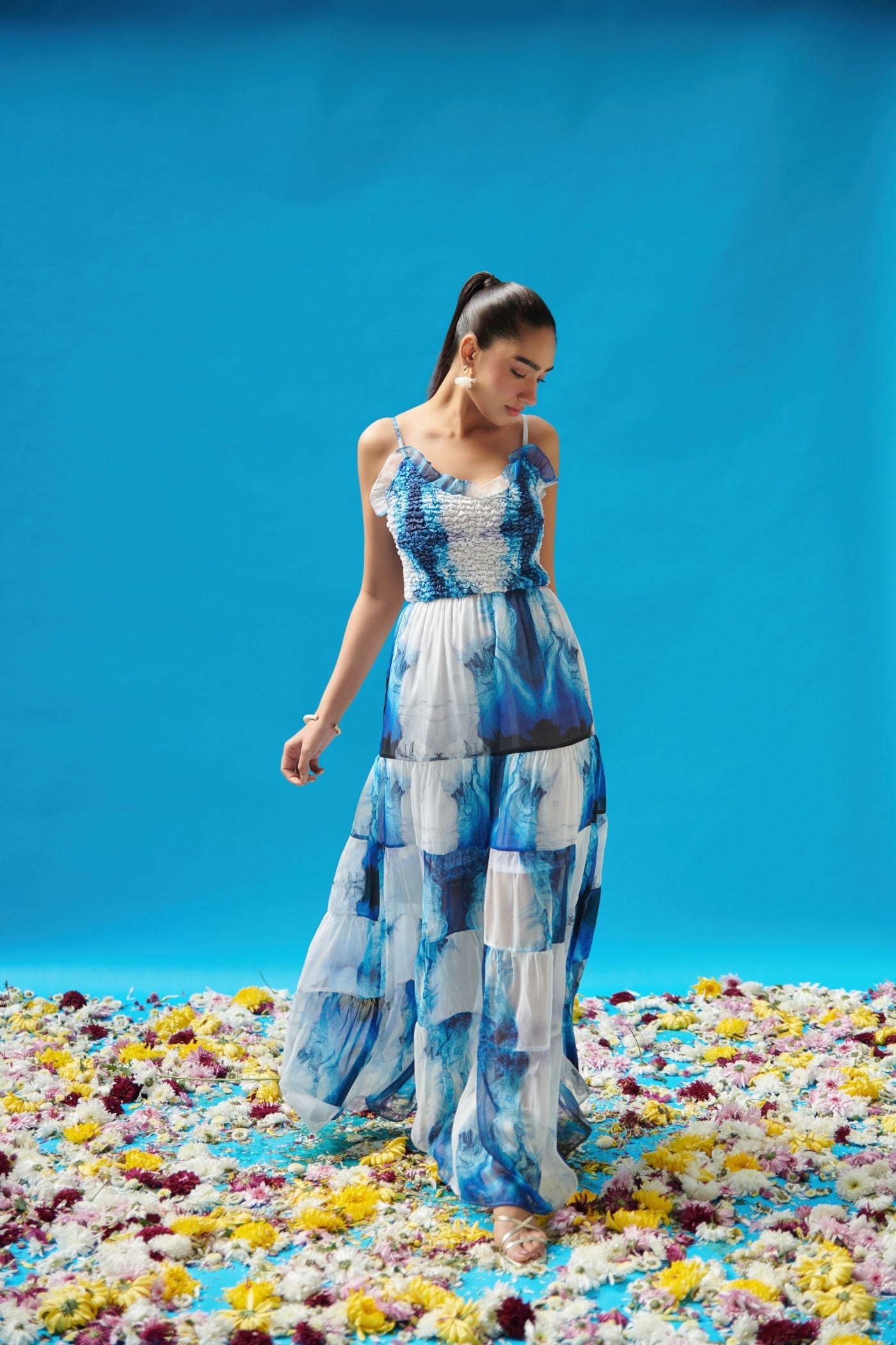 Blue Wave Printed Strappy Long Dress