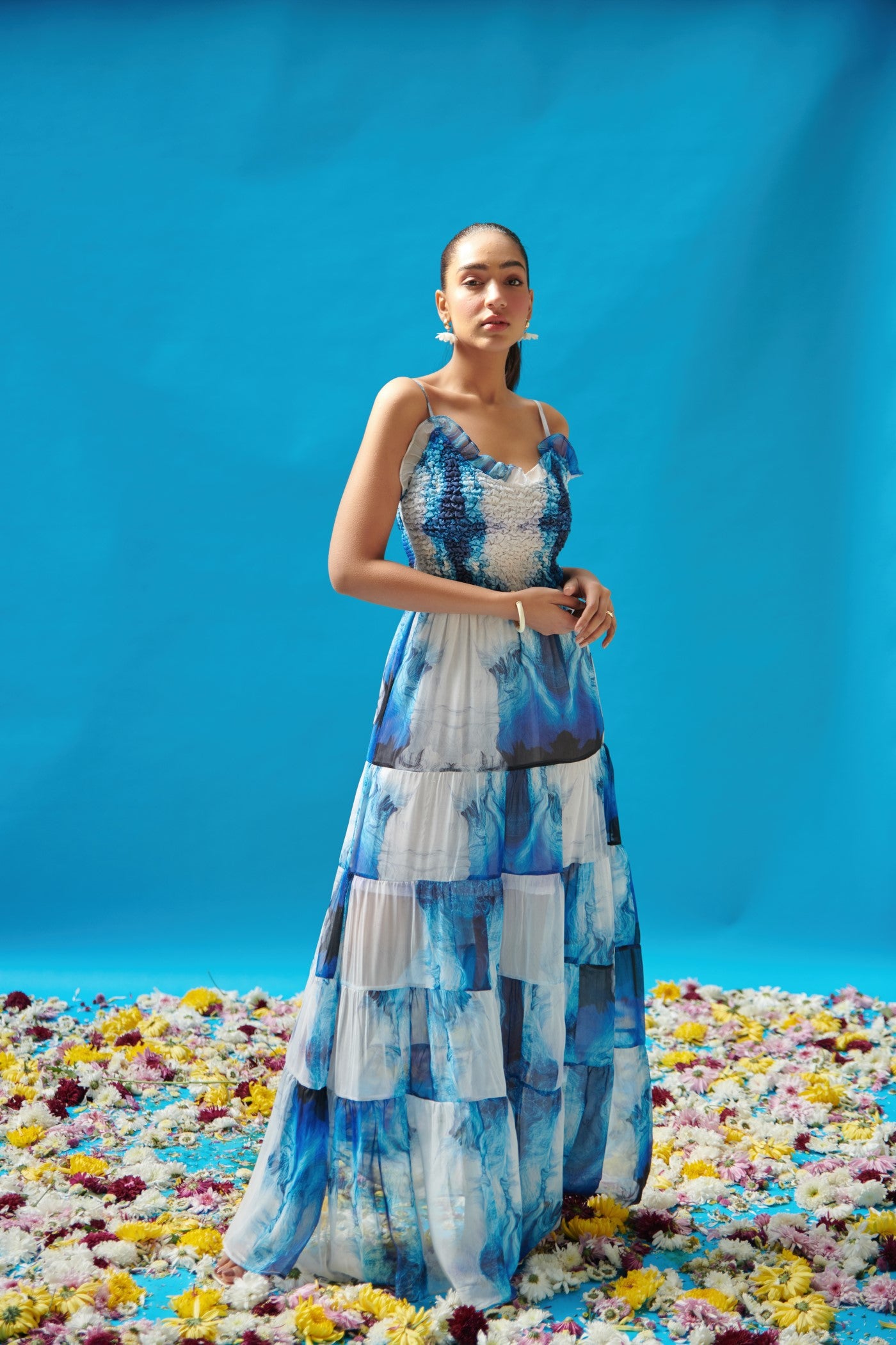 Siddhi dangi In Blue Wave Printed Strappy Long Dress