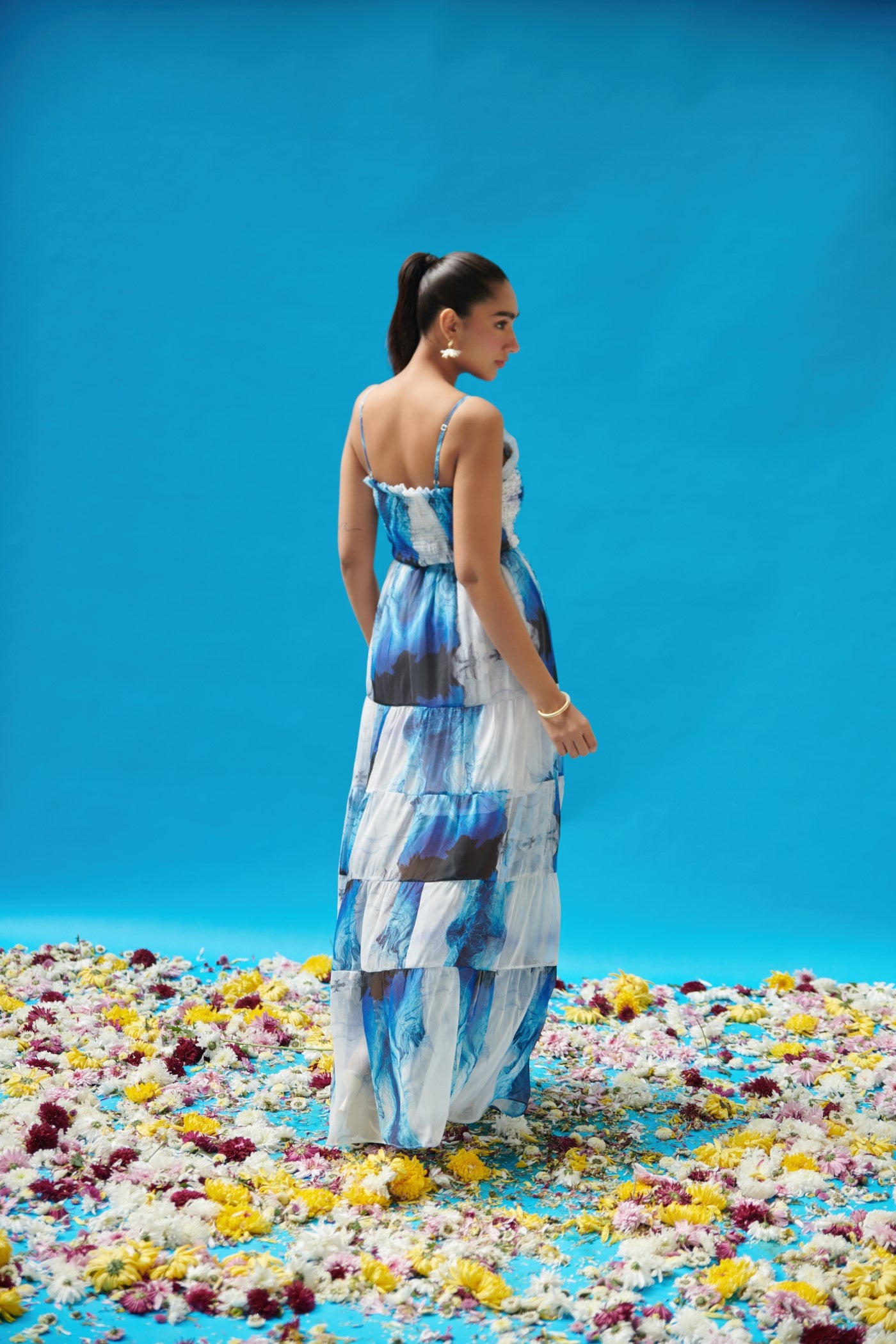 Siddhi dangi In Blue Wave Printed Strappy Long Dress