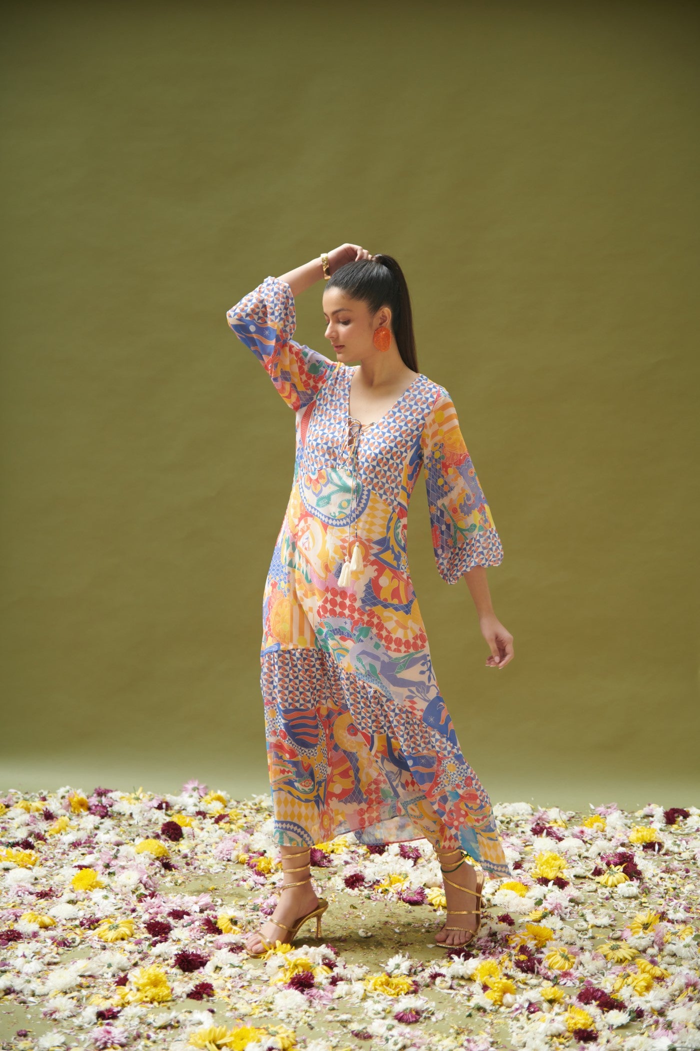 Multicolor Printed Empire-Line Long Dress