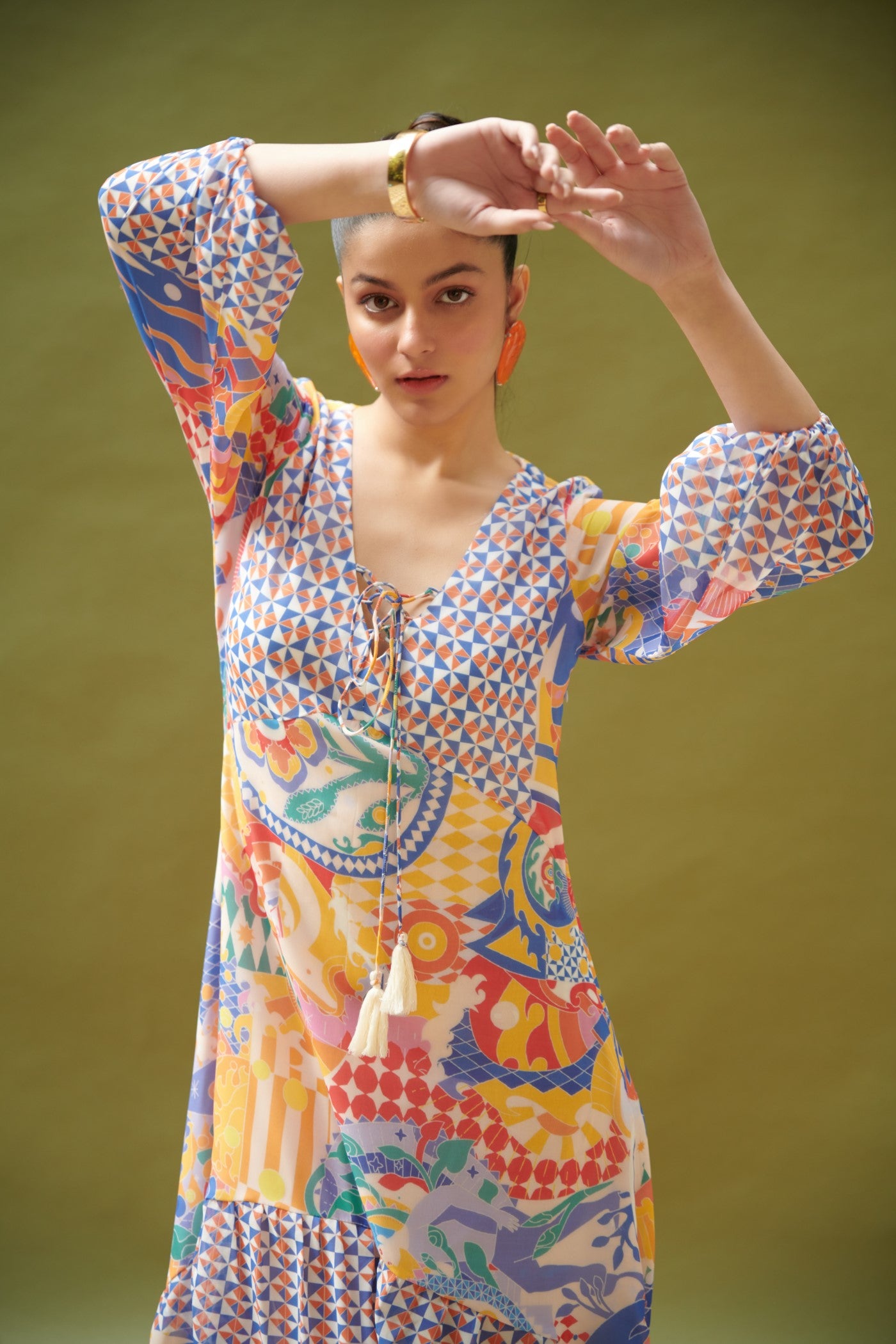 Multicolor Printed Empire-Line Long Dress