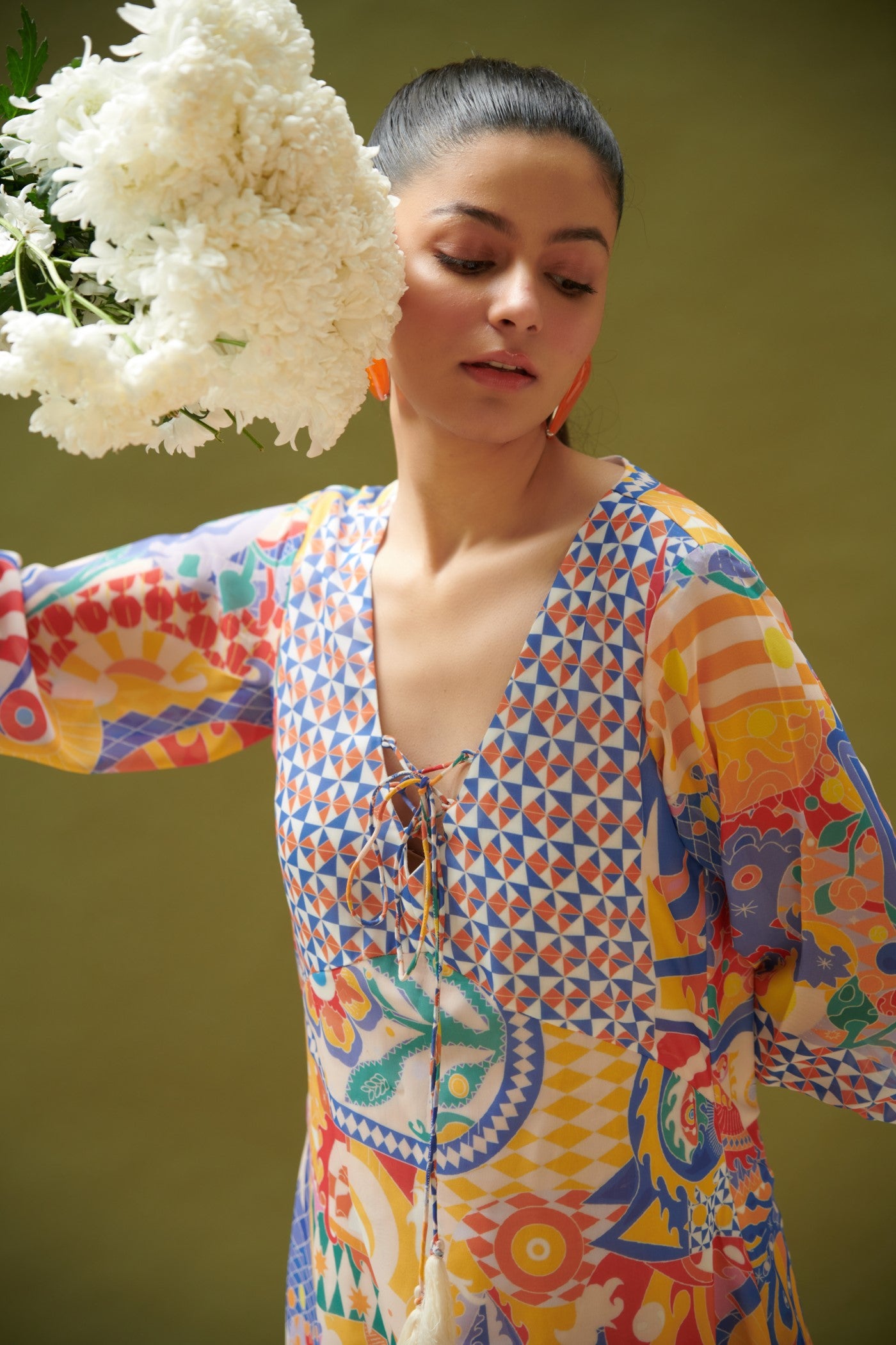 Multicolor Printed Empire-Line Long Dress