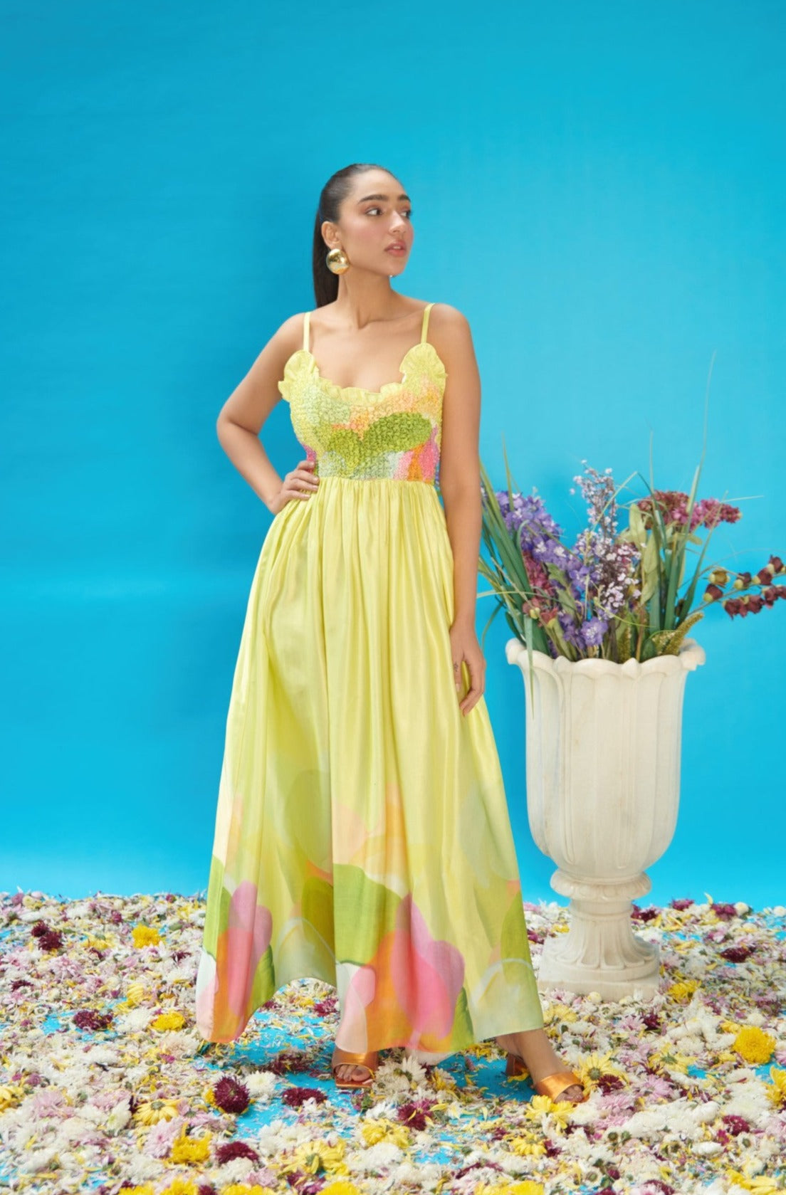 Green Printed Satin Smock Long Dress