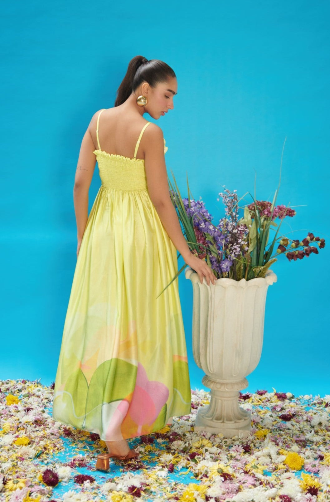 Green Printed Satin Smock Long Dress