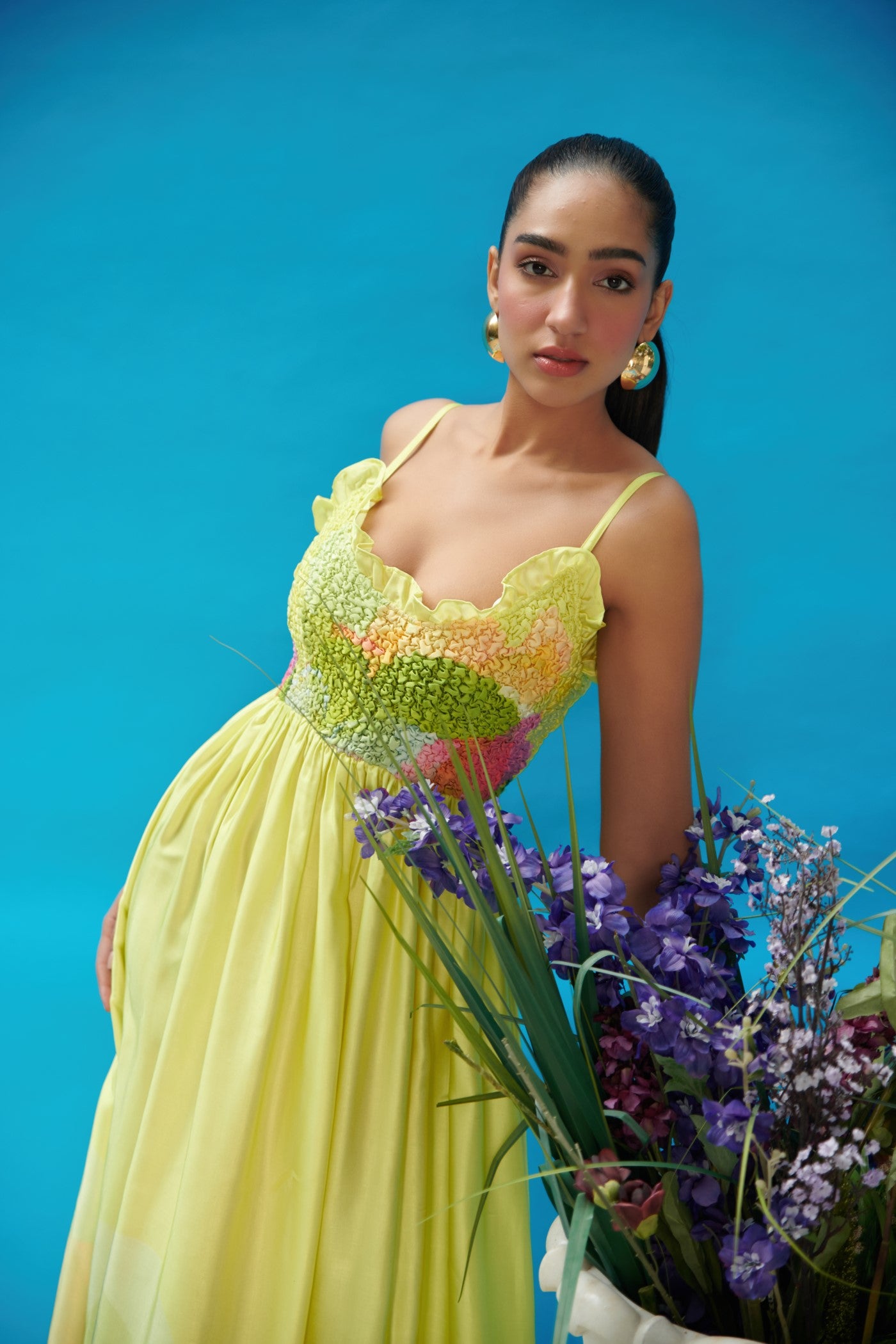Green Printed Satin Smock Long Dress