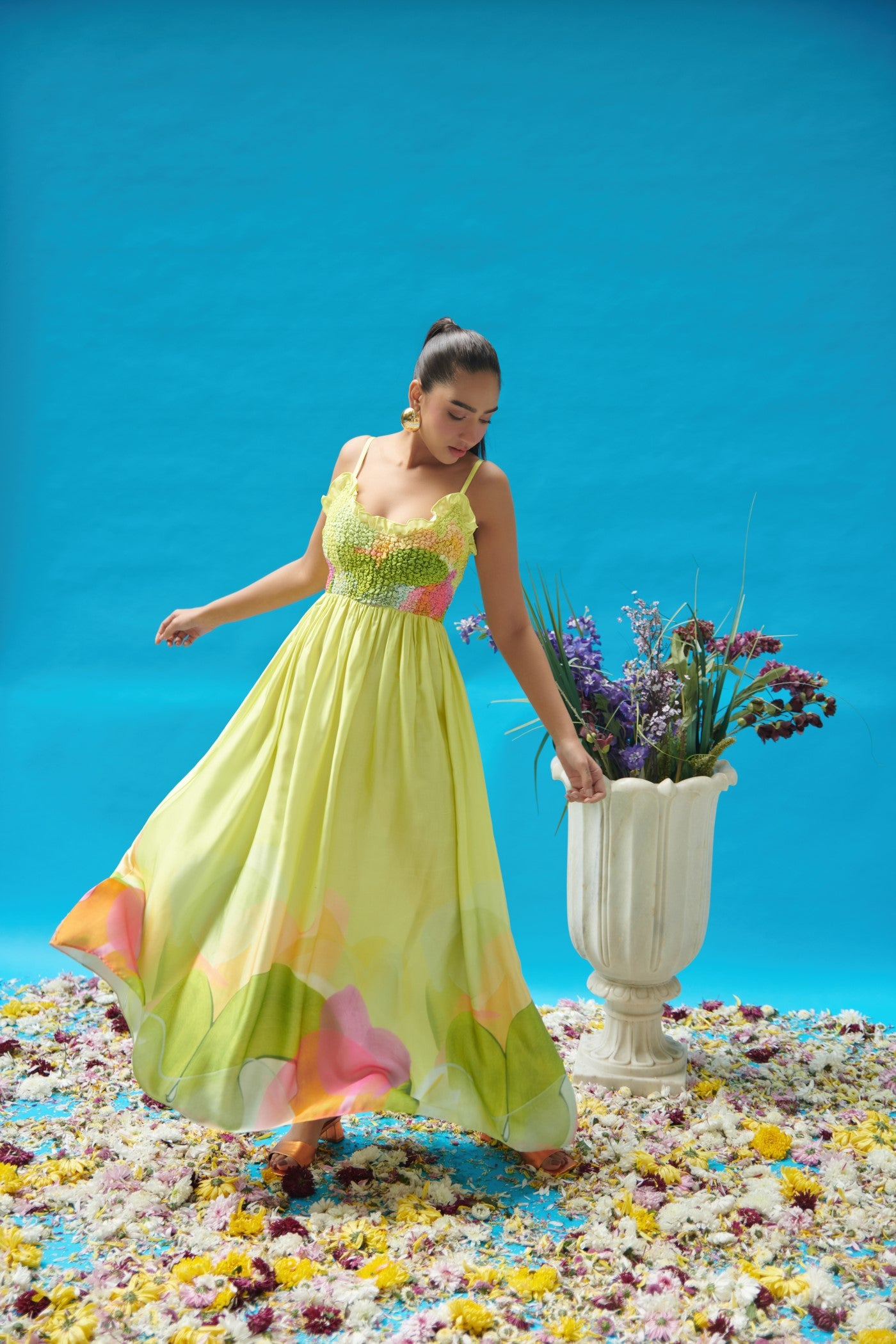 Green Printed Satin Smock Long Dress