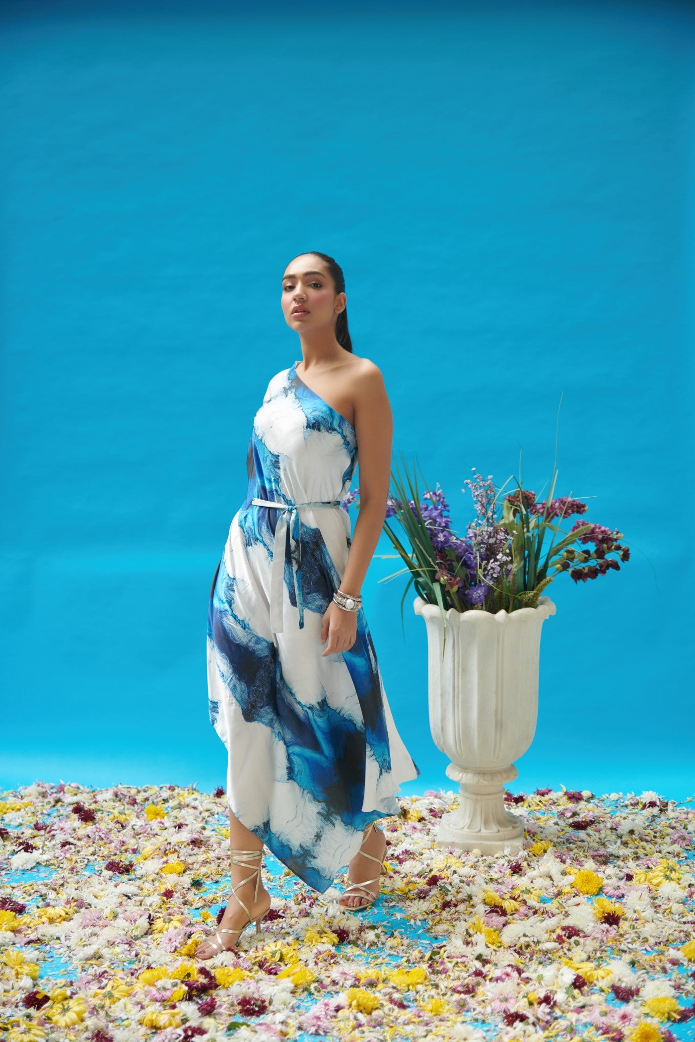 Blue Wave Printed One Shoulder Long Dress