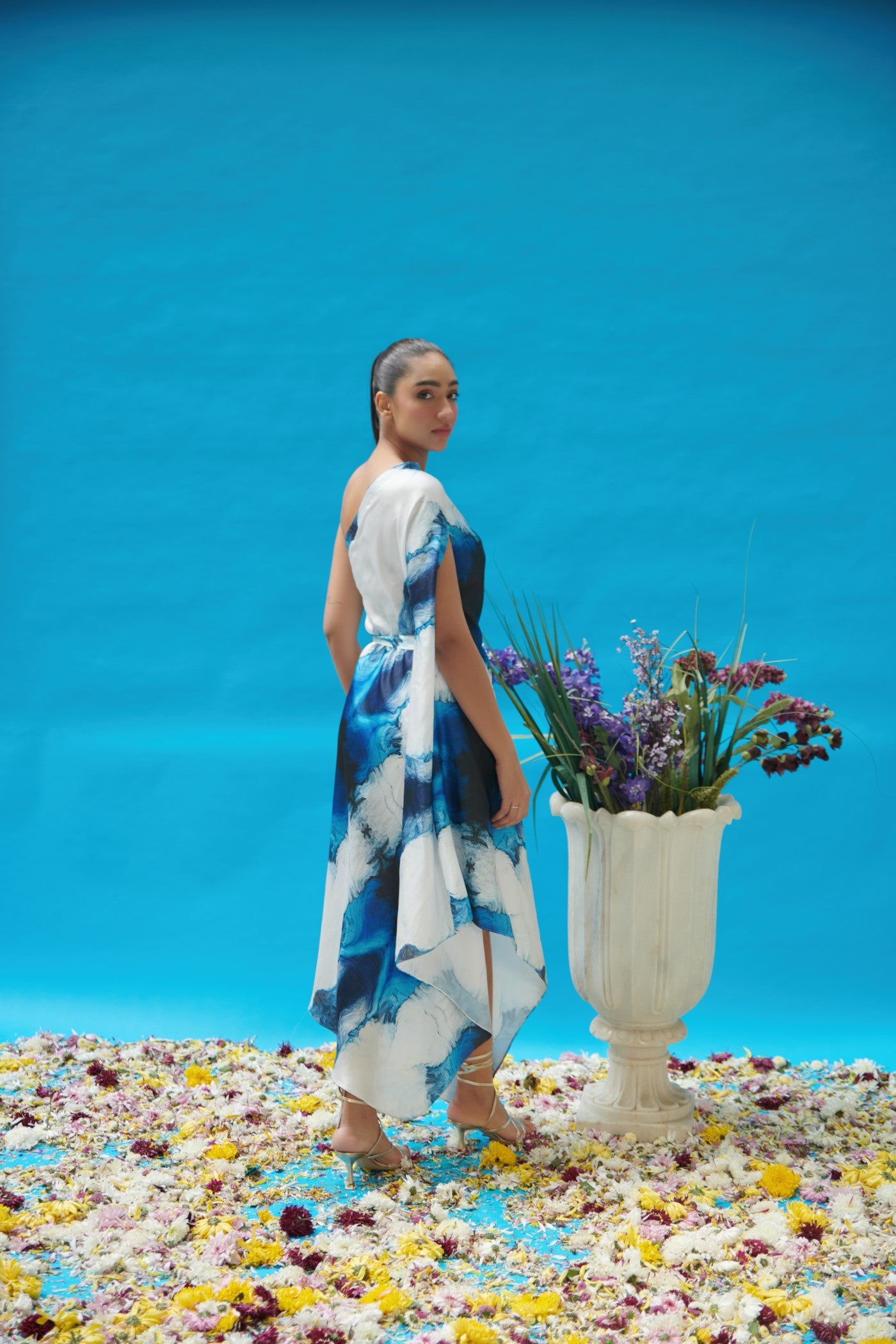Blue Wave Printed One Shoulder Long Dress