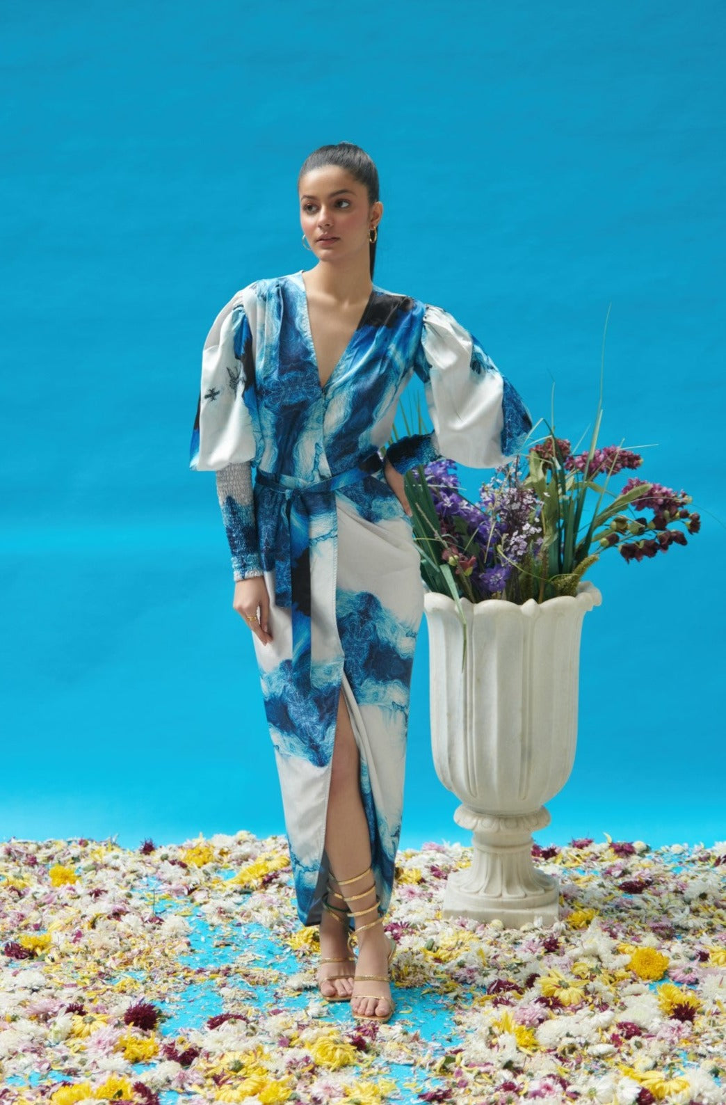 Blue Wave Printed Wrap-On Dress