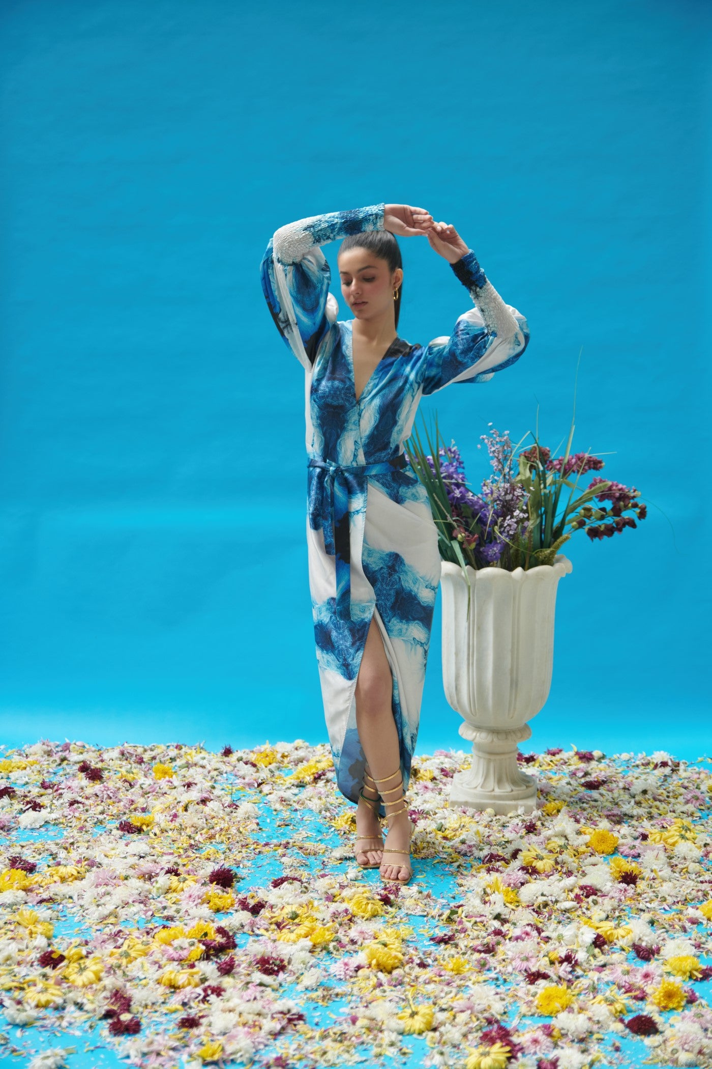 Blue Wave Printed Wrap-On Dress