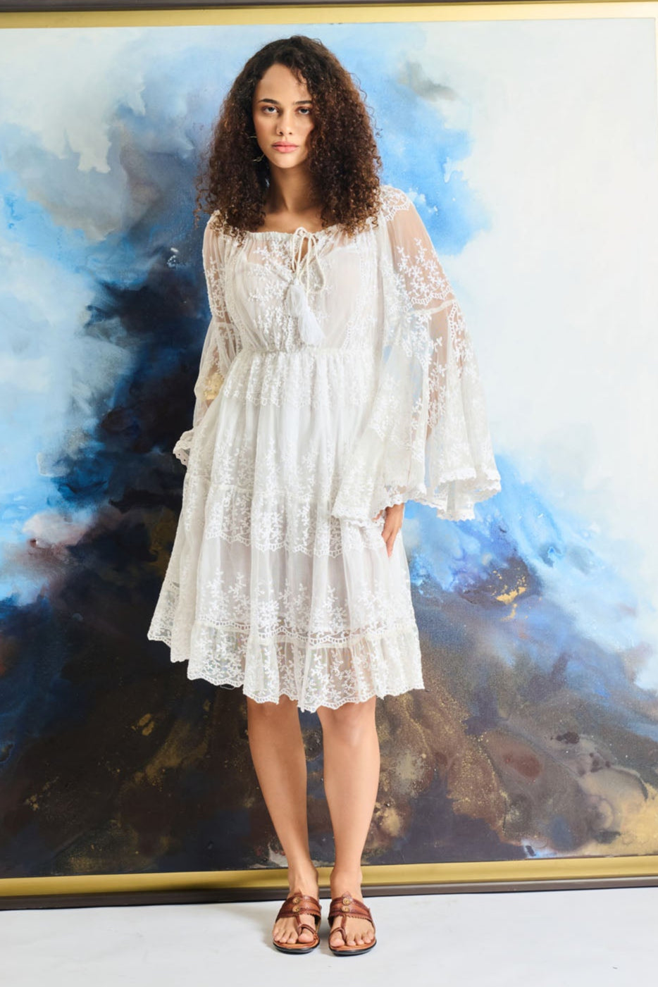 HINA KHAN In Desert Rose Bell Sleeve Mini Dress