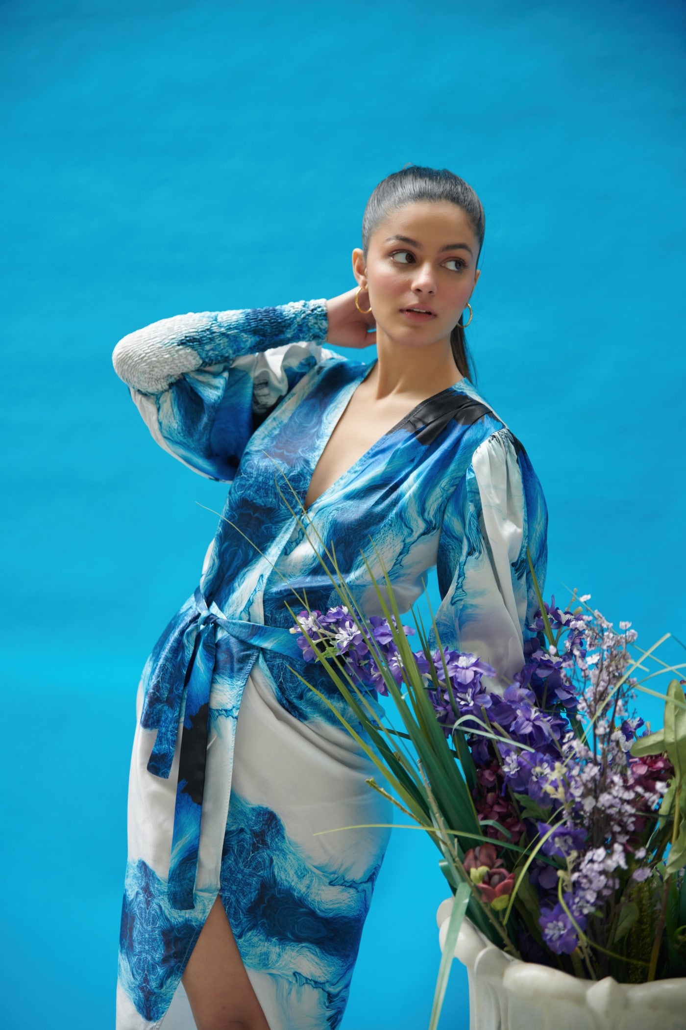 Blue Wave Printed Wrap-On Dress