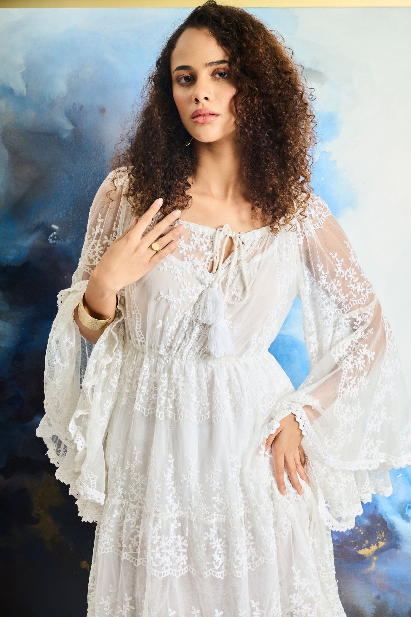 HINA KHAN In Desert Rose Bell Sleeve Mini Dress