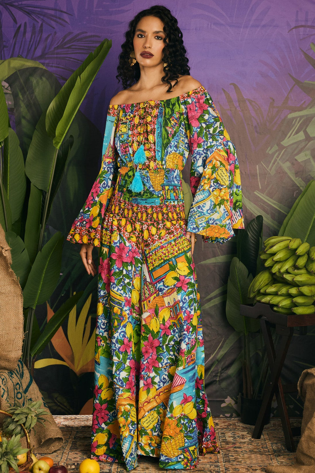 Broad Shoulder Printed Multicolor Long Dress with Tie-Up Neckline