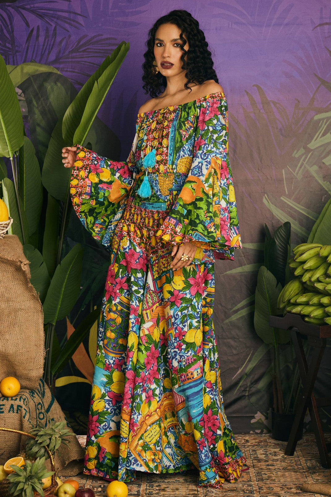 Broad Shoulder Printed Multicolor Long Dress with Tie-Up Neckline