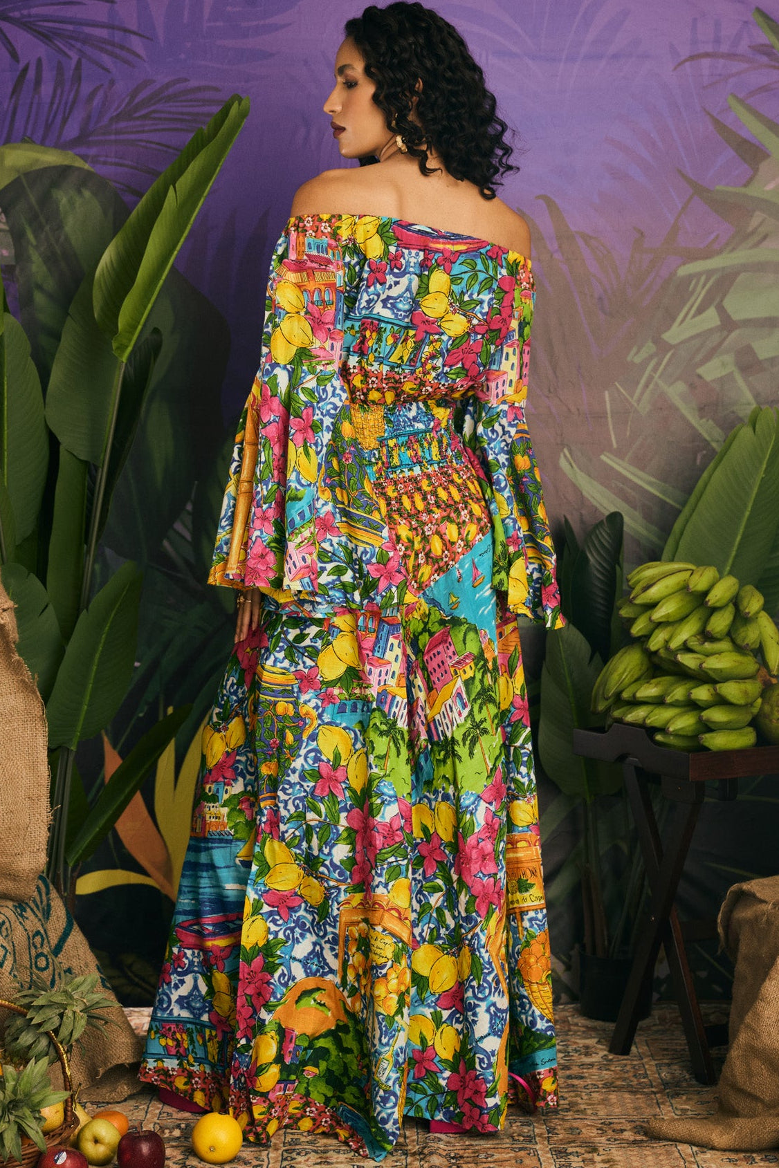 Broad Shoulder Printed Multicolor Long Dress with Tie-Up Neckline
