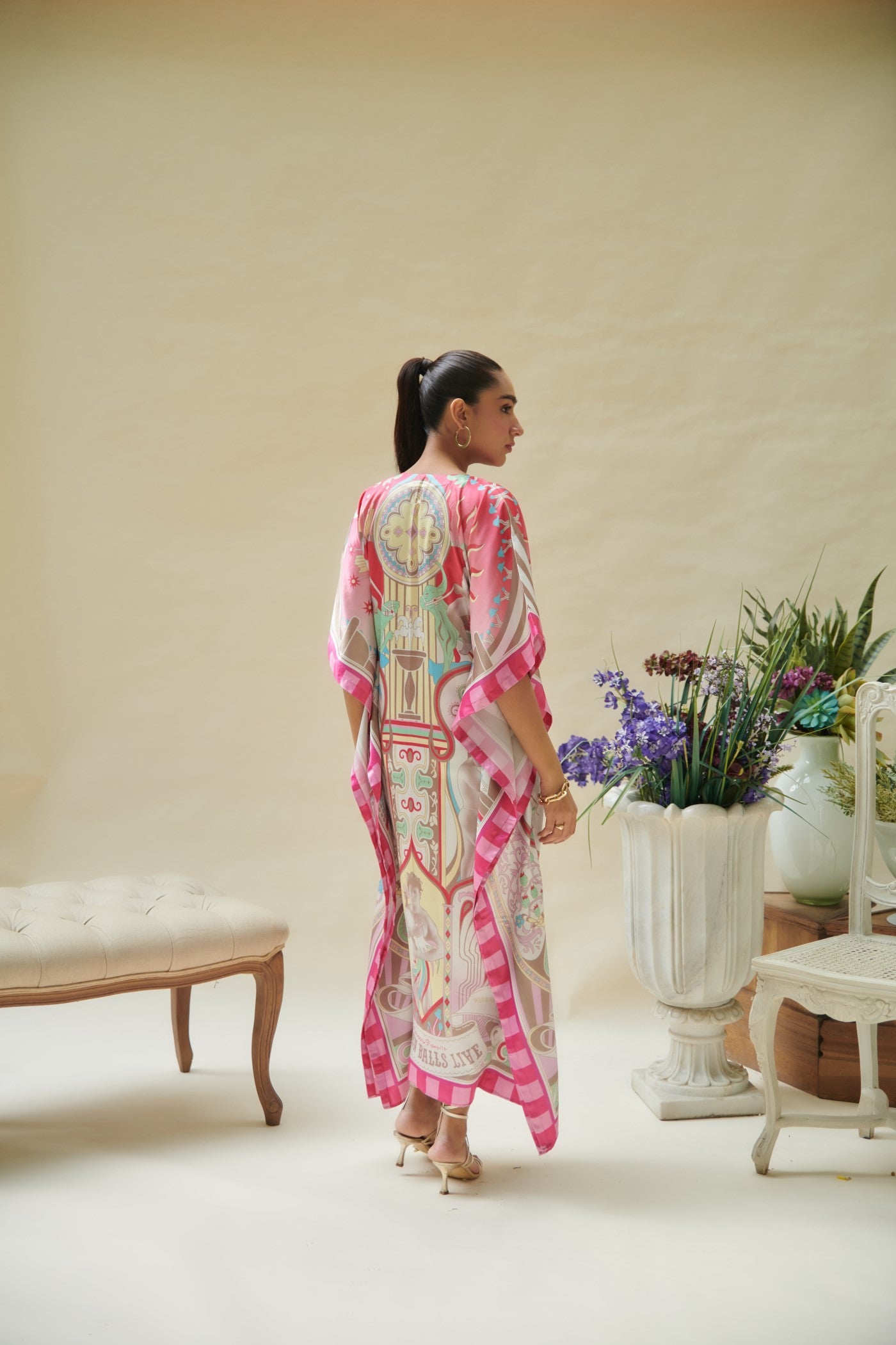 Pink Printed Long Kaftan Dress