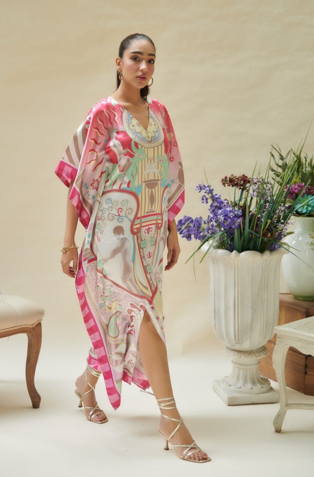Pink Printed Long Kaftan Dress