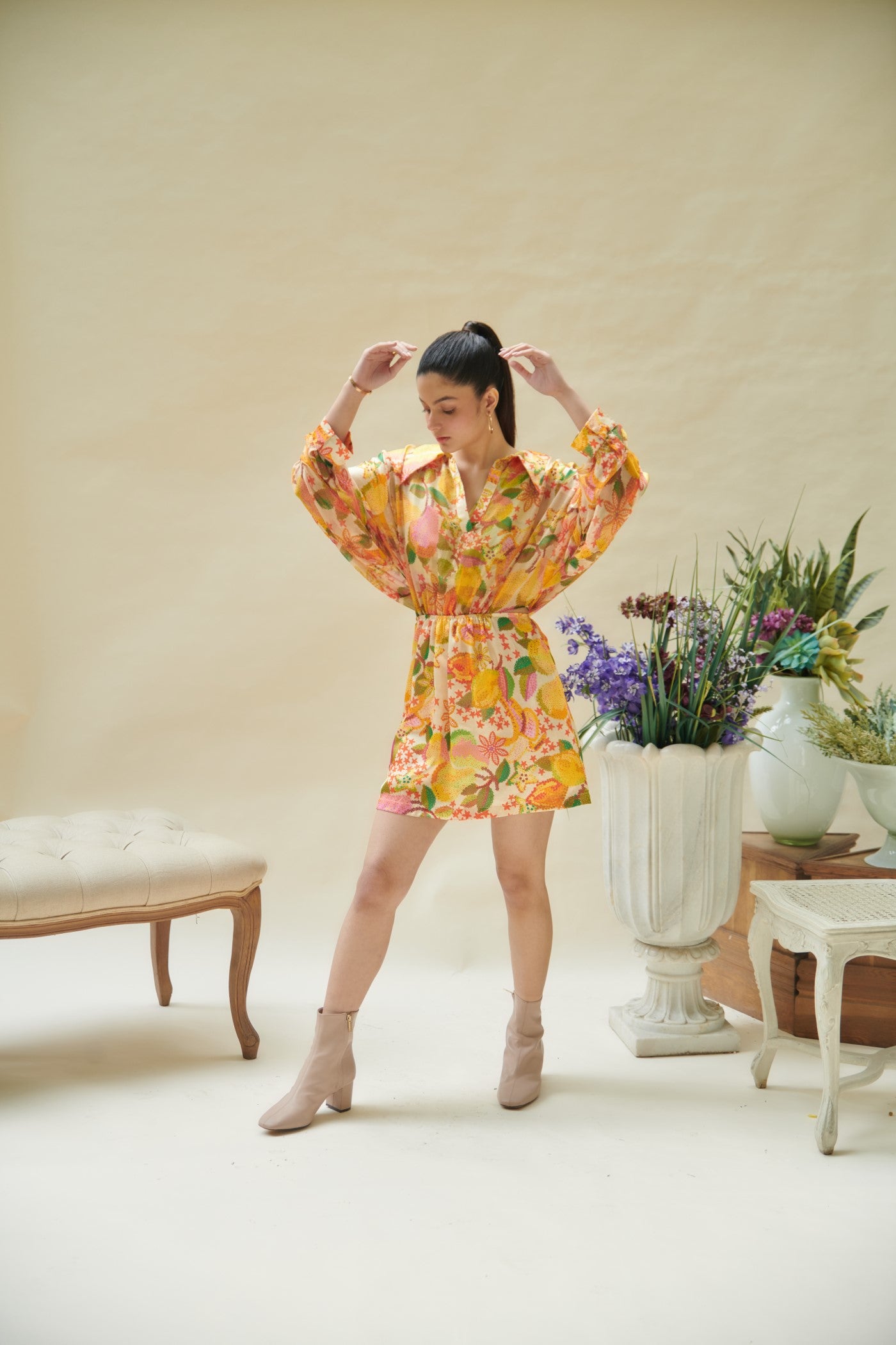 Yellow Pear Printed Drop Shoulder Mini Dress