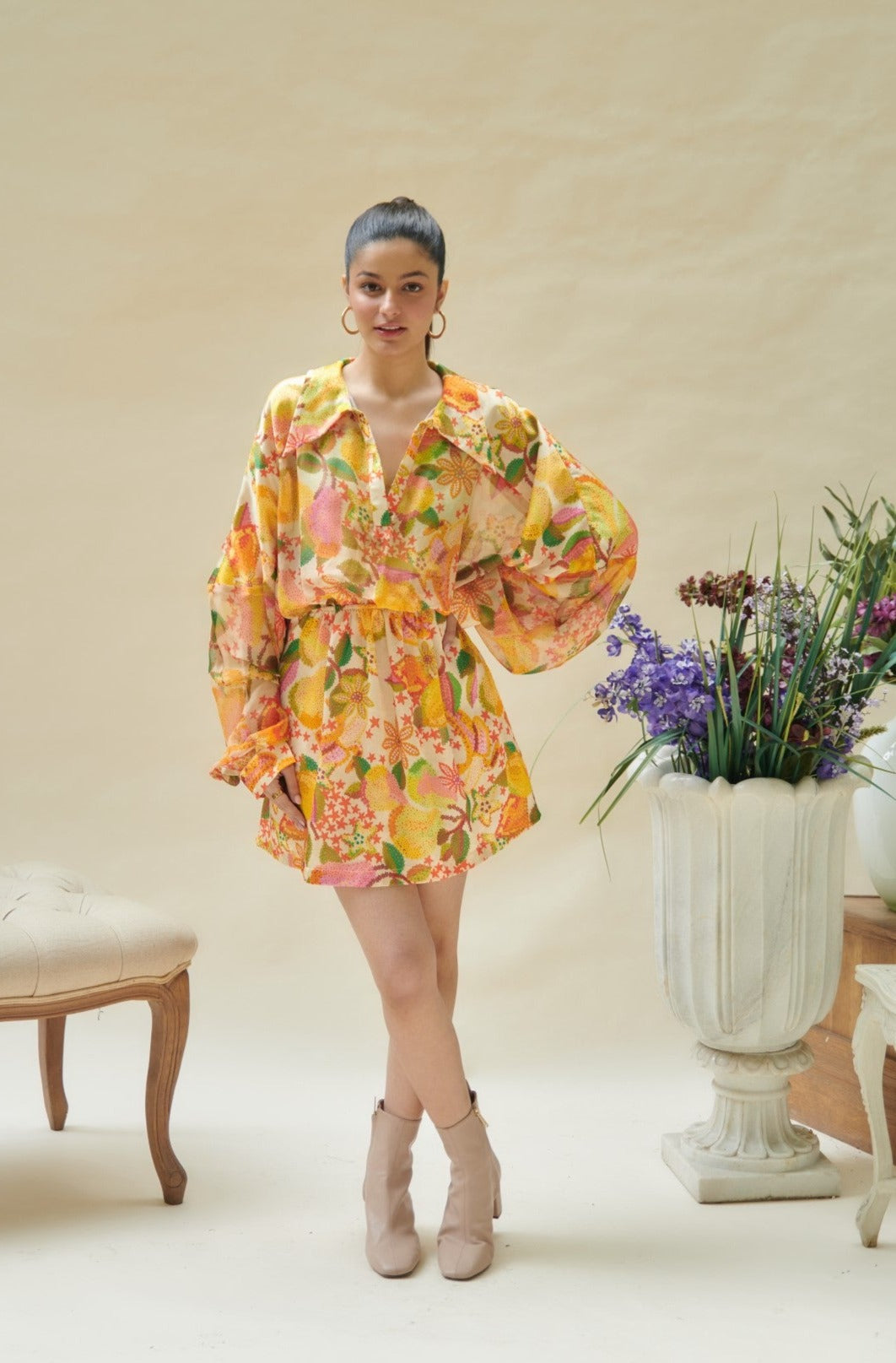 Yellow Pear Printed Drop Shoulder Mini Dress