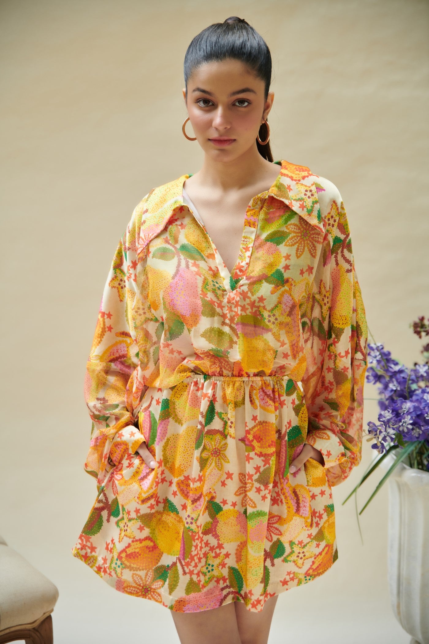 Yellow Pear Printed Drop Shoulder Mini Dress
