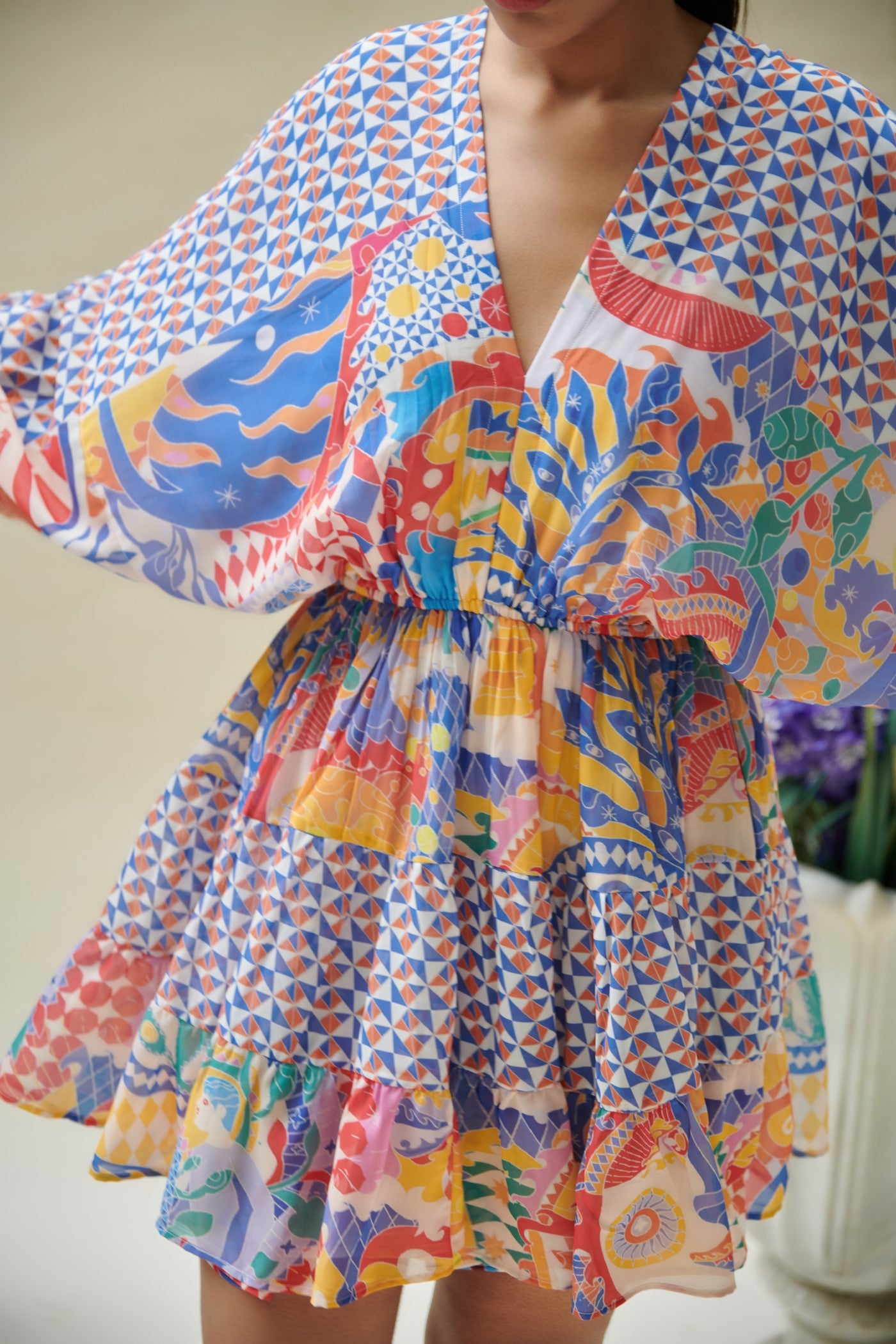 Multicolor Printed Drop Shoulder Mini Dress