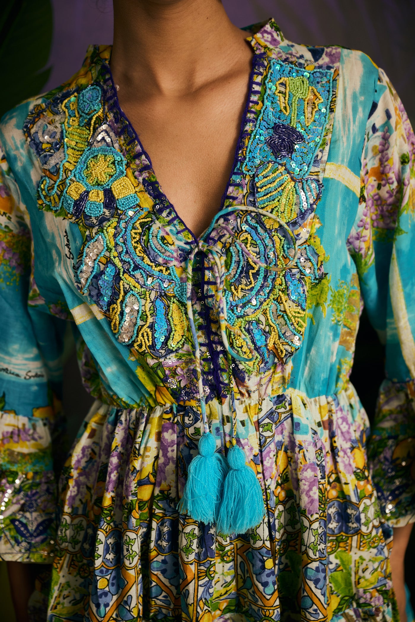 Boho Tassel Embroidered Neck Dress