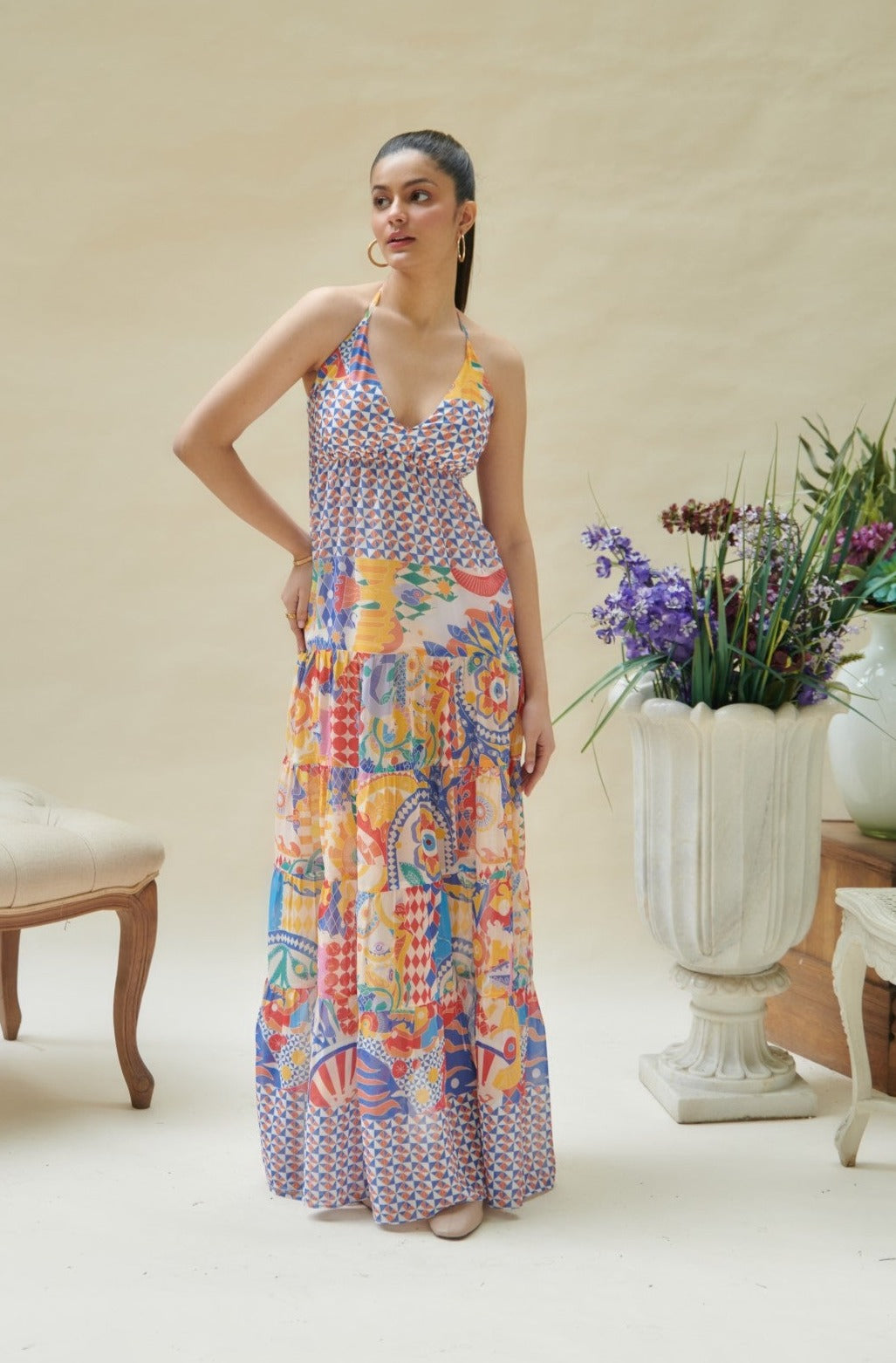 Multicolor Halter Neck Backless Long Dress
