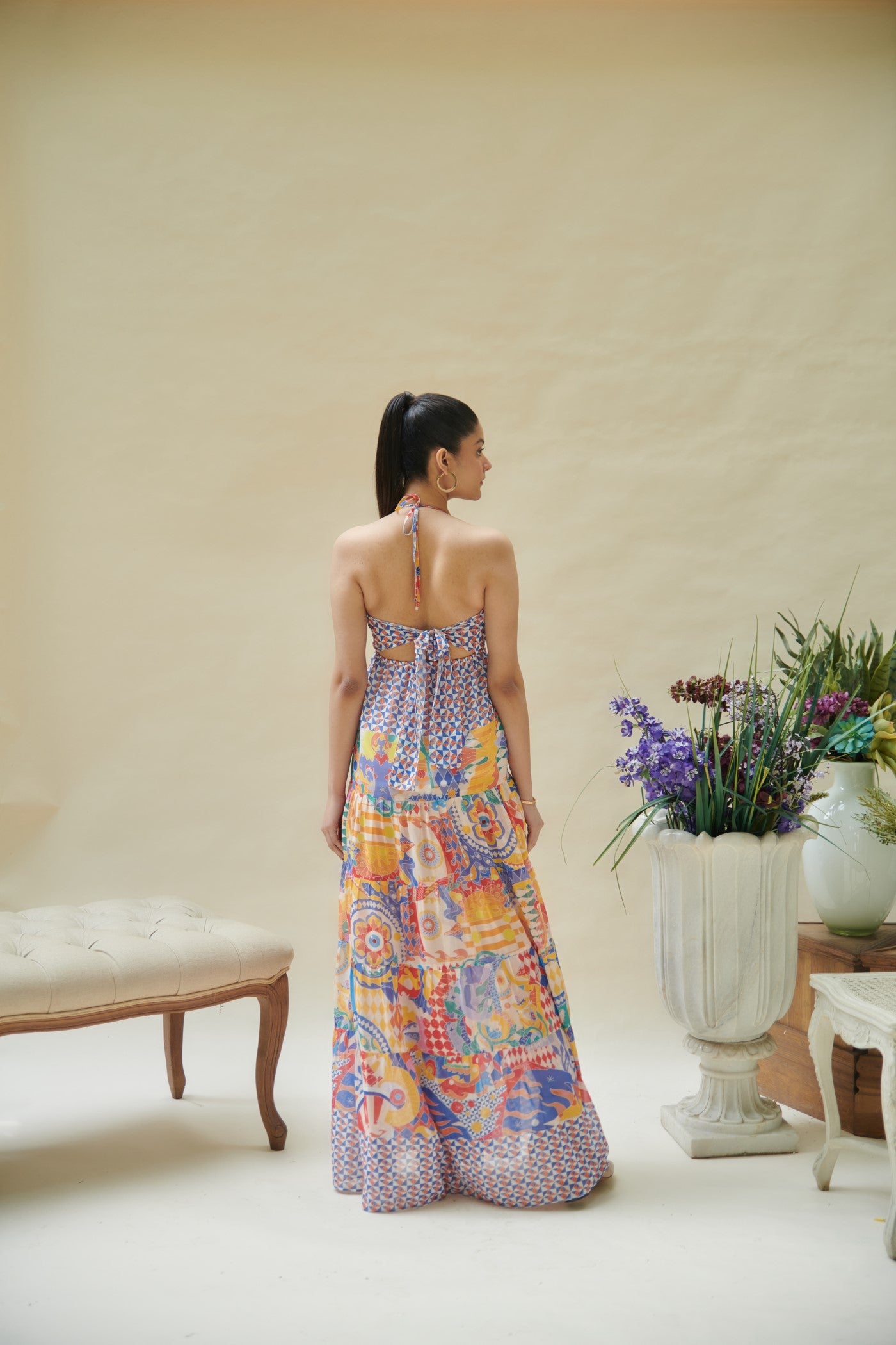 Multicolor Halter Neck Backless Long Dress