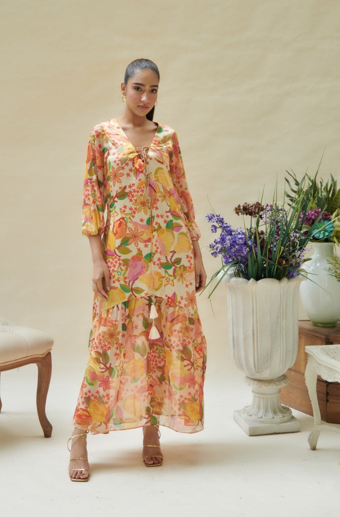 Yellow Pear Printed Empire Line Long Dress