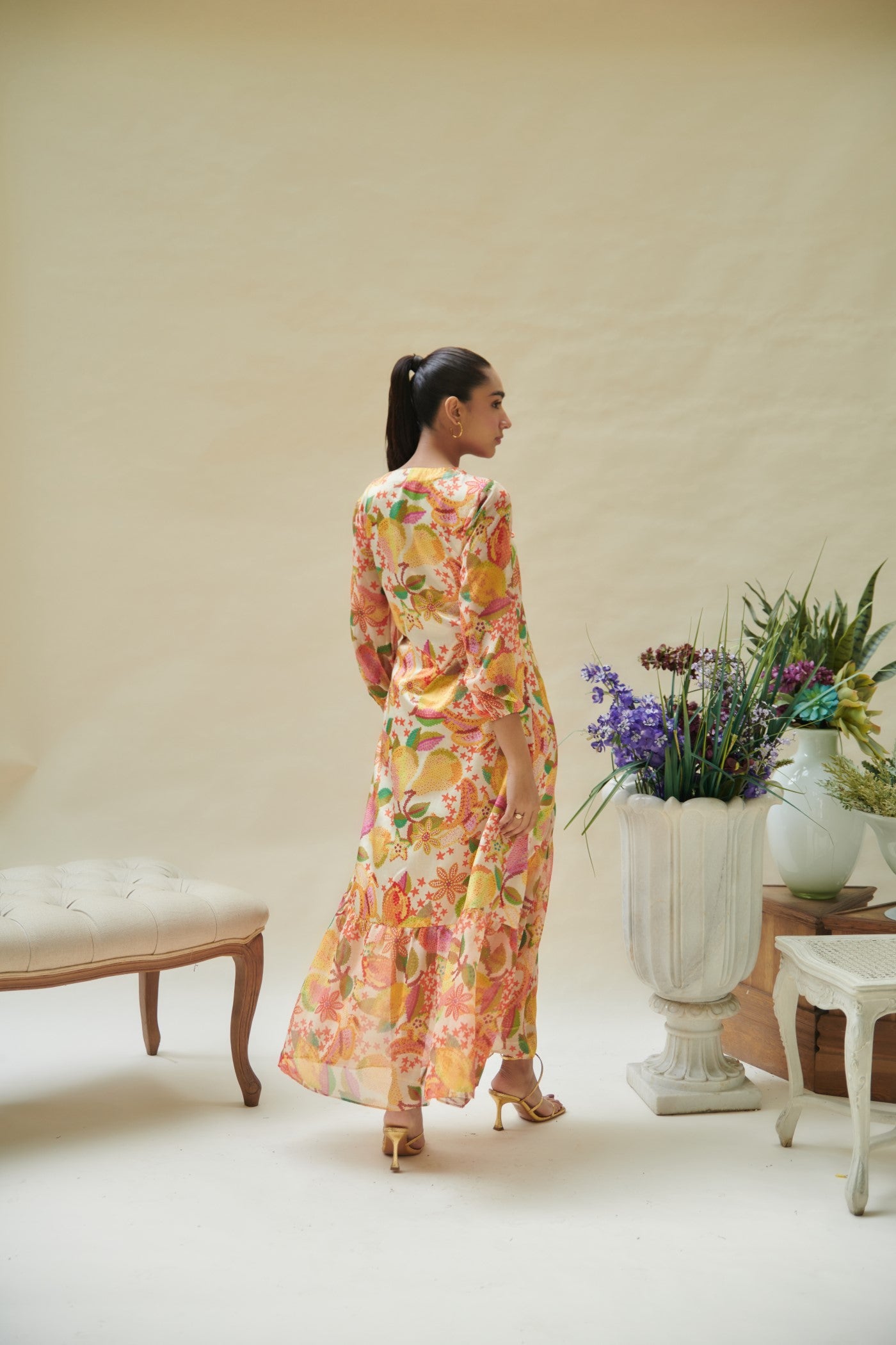 Yellow Pear Printed Empire Line Long Dress