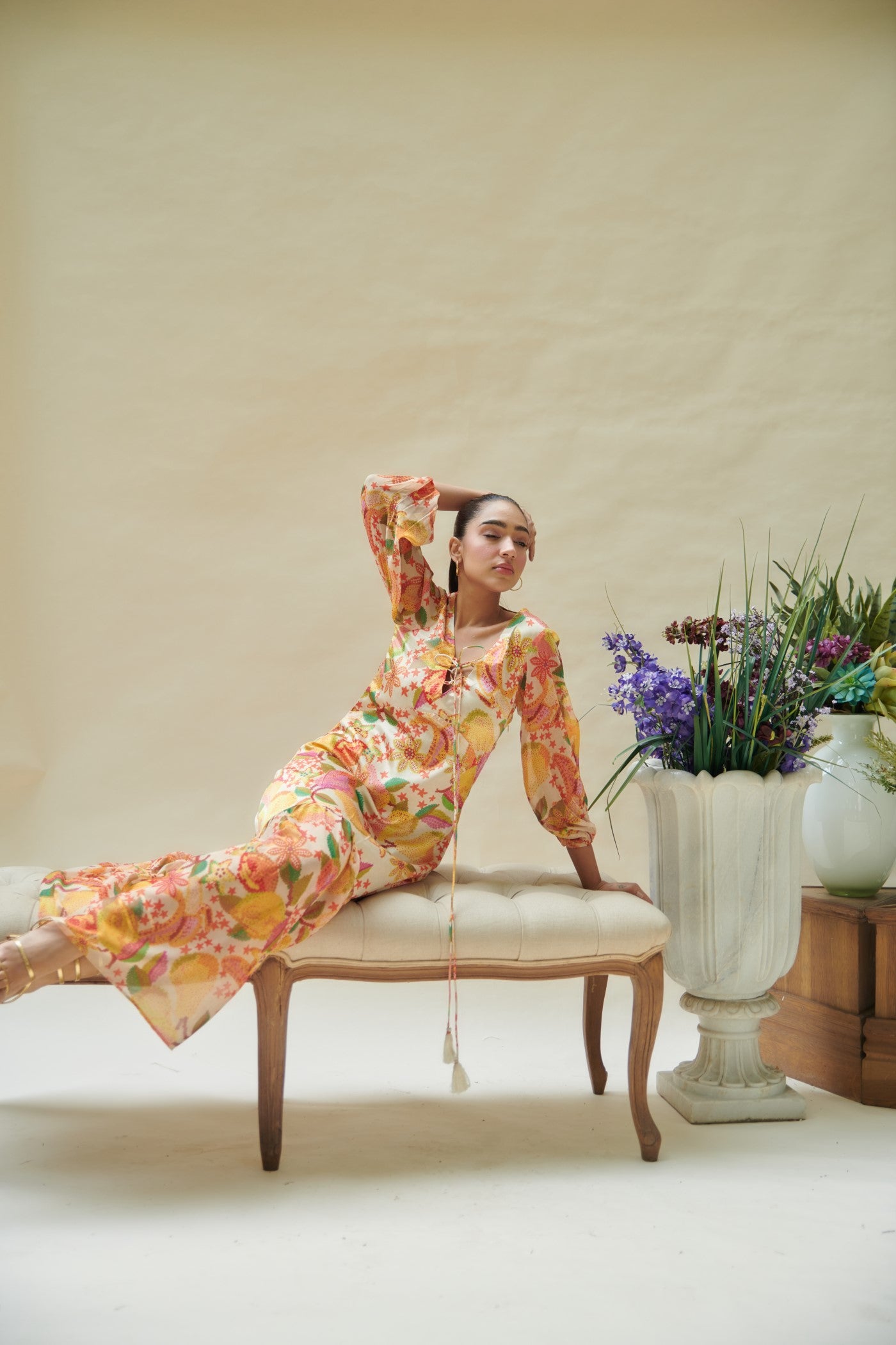 Yellow Pear Printed Empire Line Long Dress