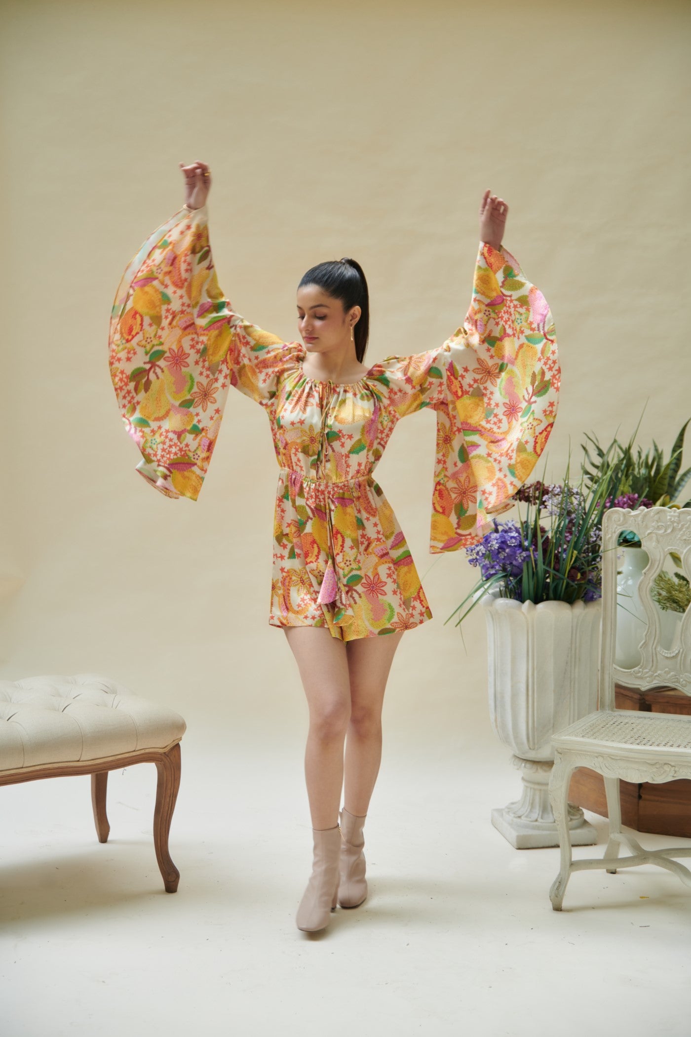 Yellow Pear Printed Off Shoulder Playsuit