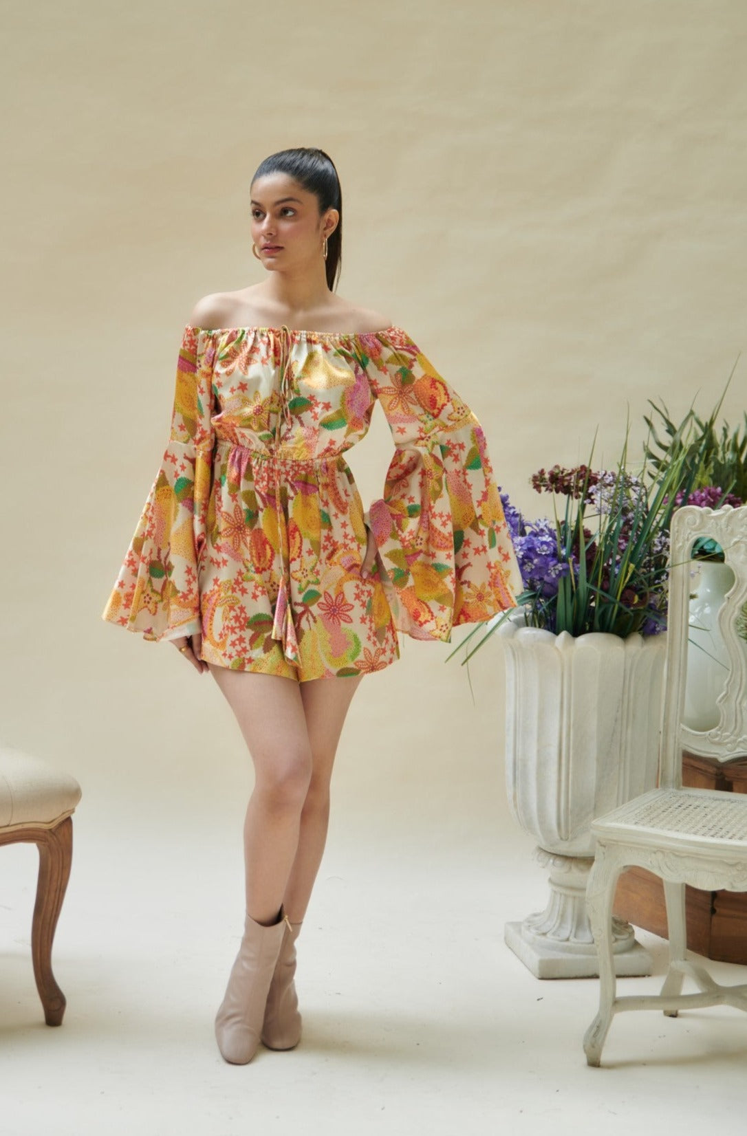 Yellow Pear Printed Off Shoulder Playsuit