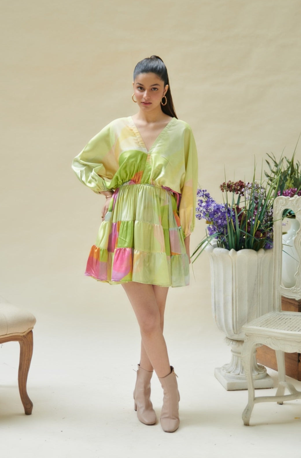 Green Printed V Neck Gathered Mini Dress