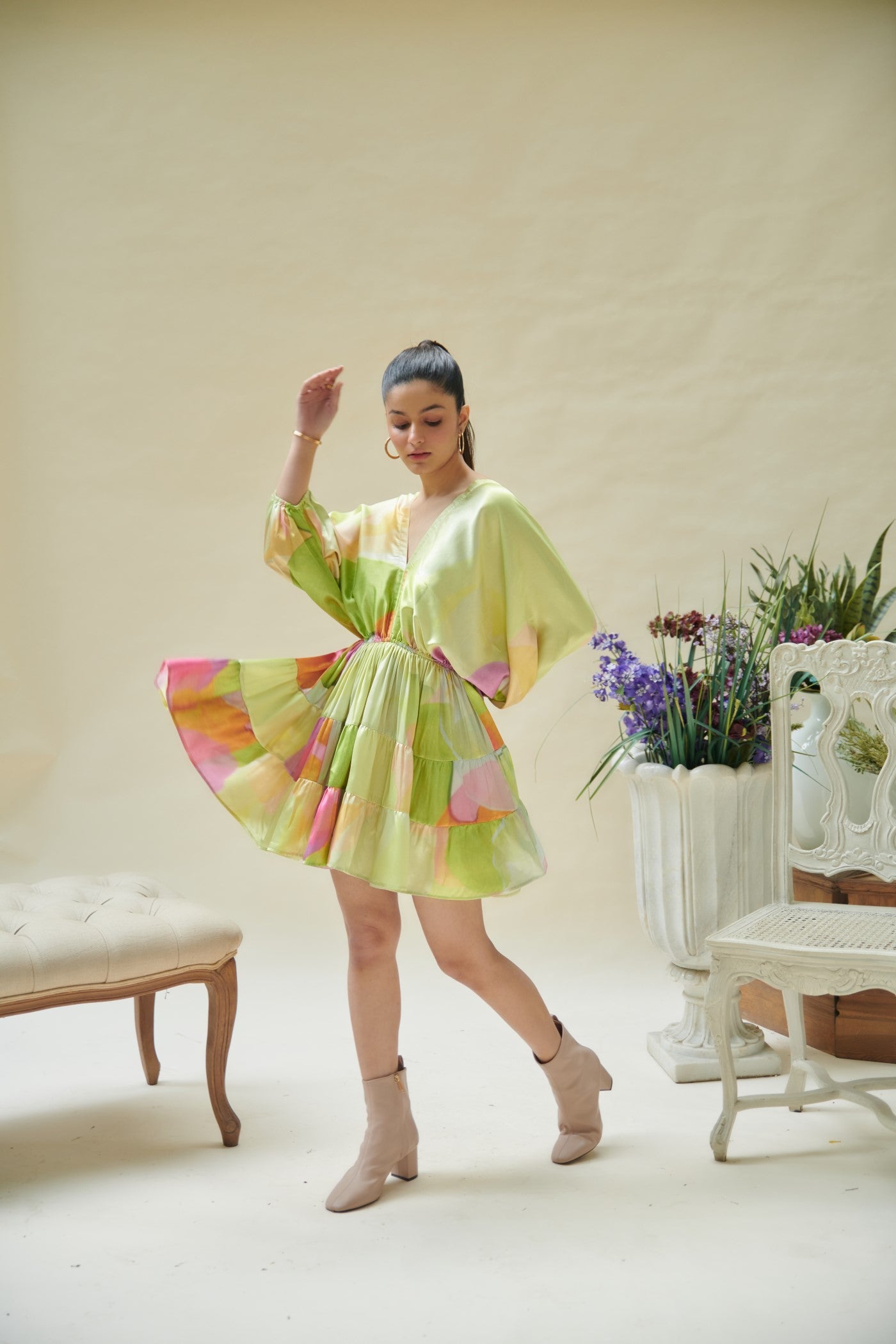 Green Printed V Neck Gathered Mini Dress