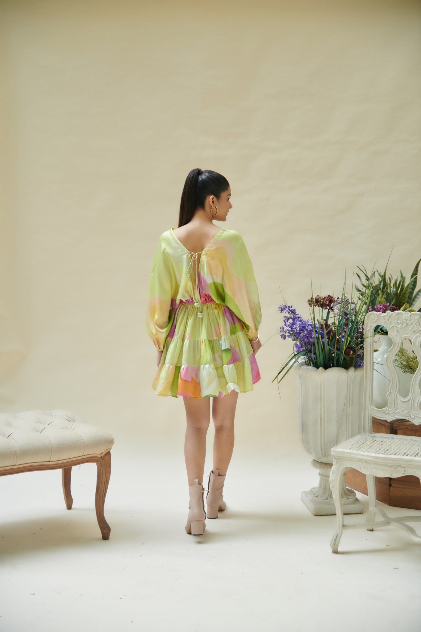 Green Printed V Neck Gathered Mini Dress