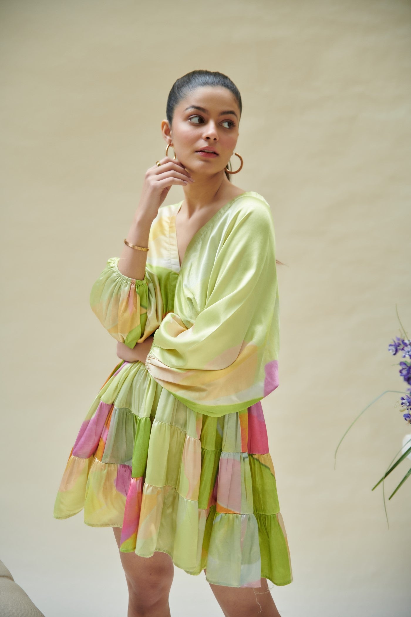 Green Printed V Neck Gathered Mini Dress