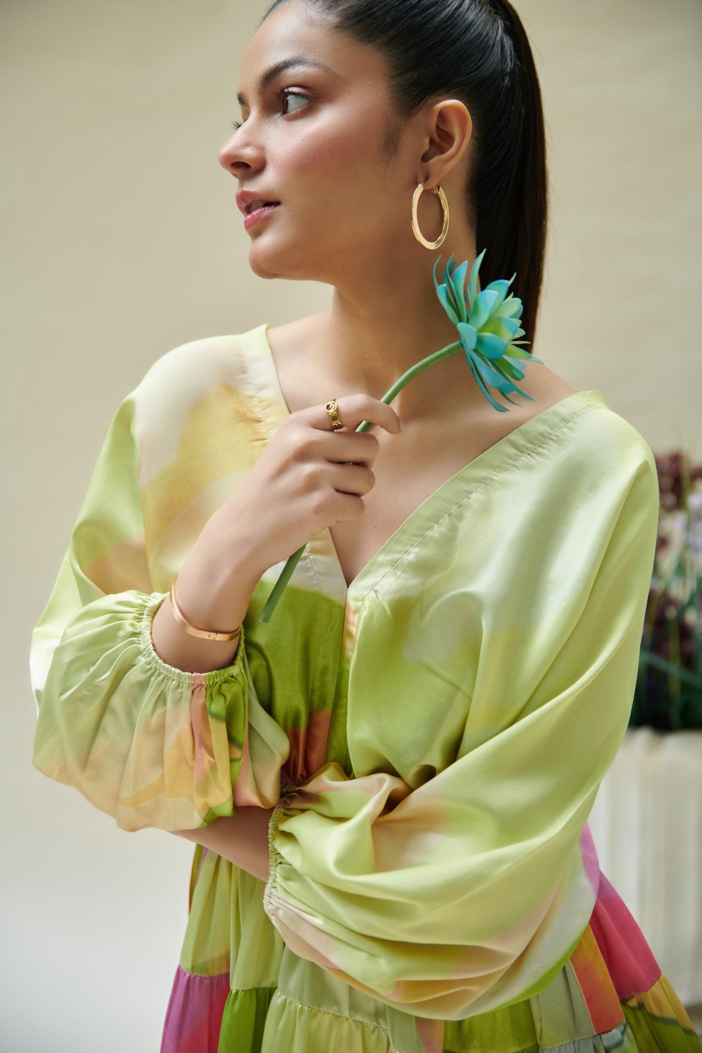 Green Printed V Neck Gathered Mini Dress