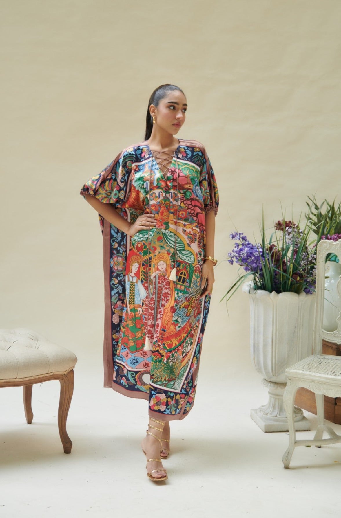 Multicolor V Neck Long Kaftan