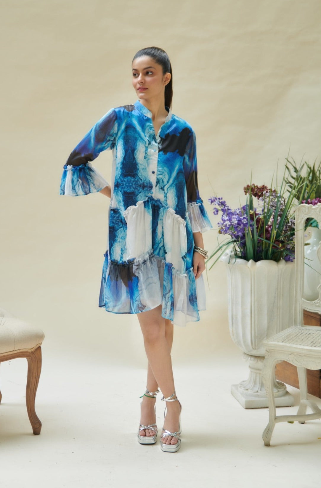 Blue Wave Printed 2 Tier Dress