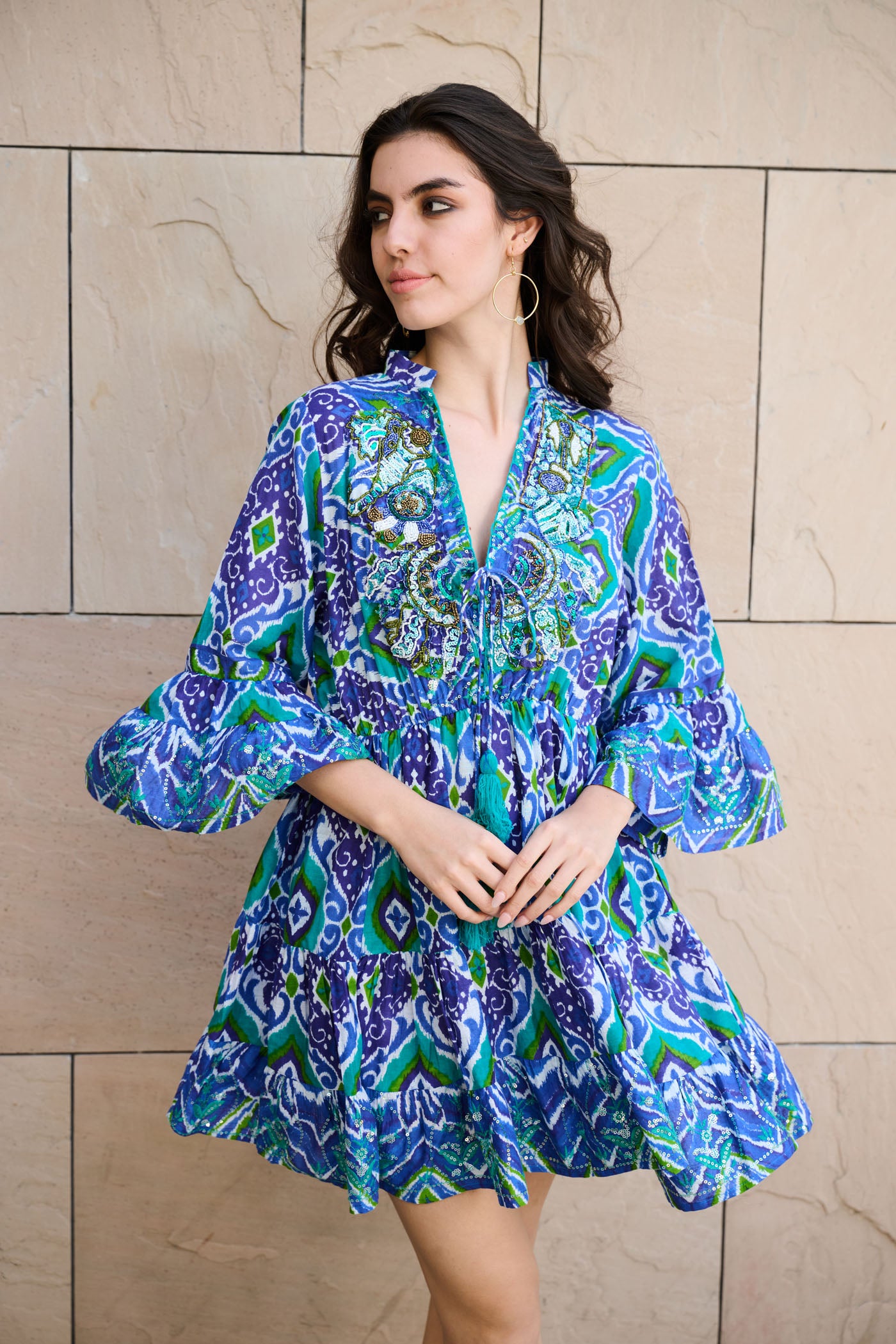 Boho Tide Embroidered V - Neck Dress