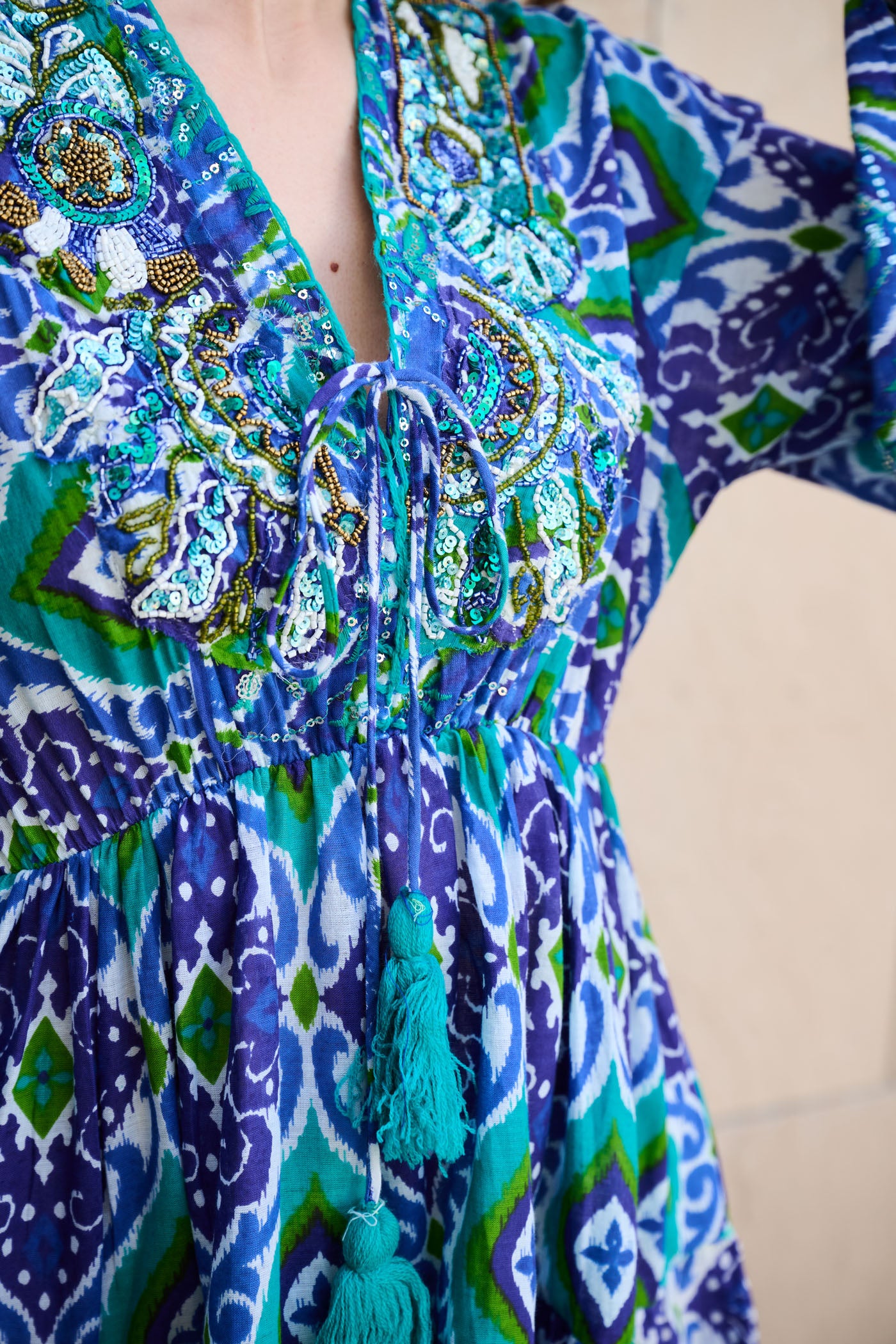 Boho Tide Embroidered V - Neck Dress