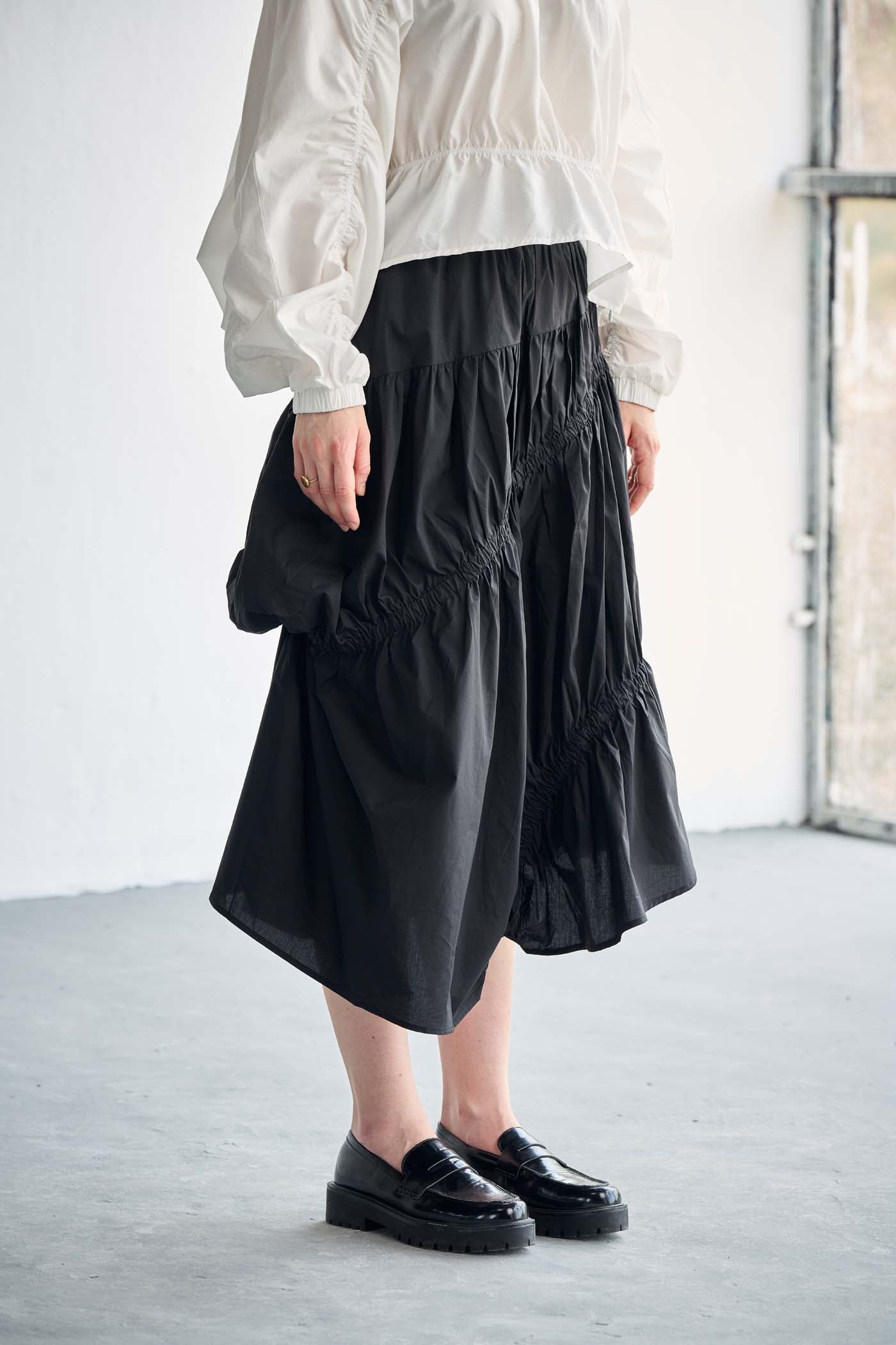 Korean Cotton Satin Black Ruched midi skirt