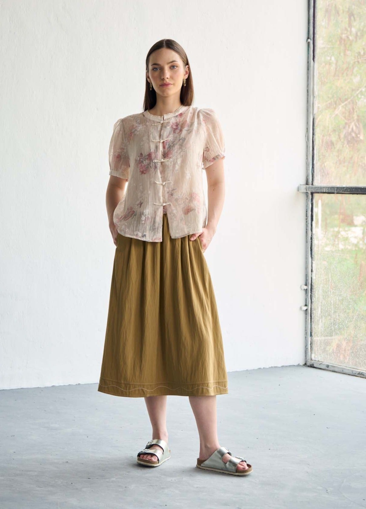 Beige Floral Silk Jacquard Organza Top