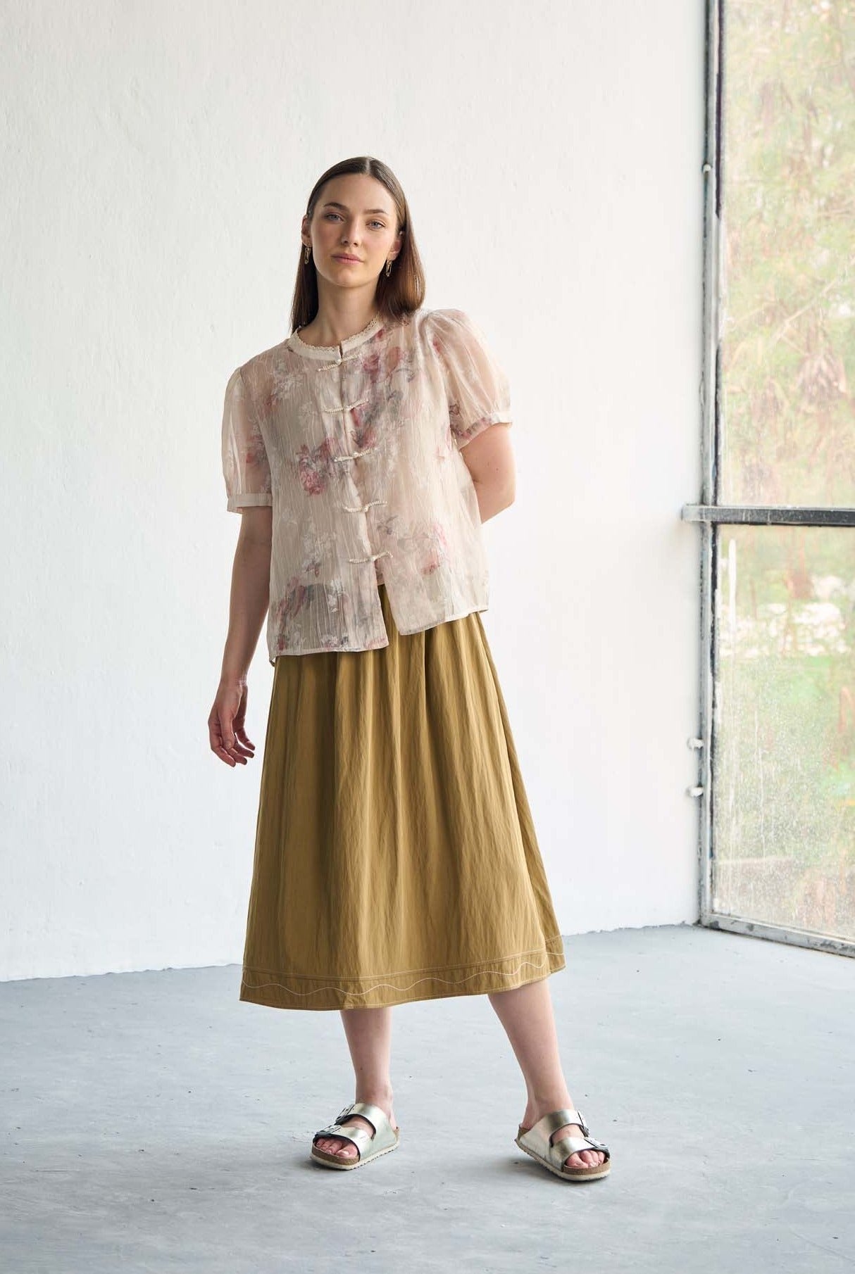 Beige Floral Silk Jacquard Organza Top