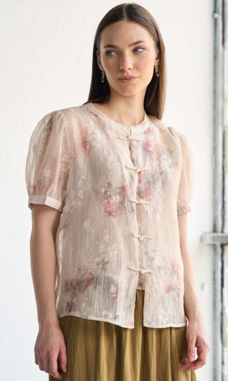 Beige Floral Silk Jacquard Organza Top