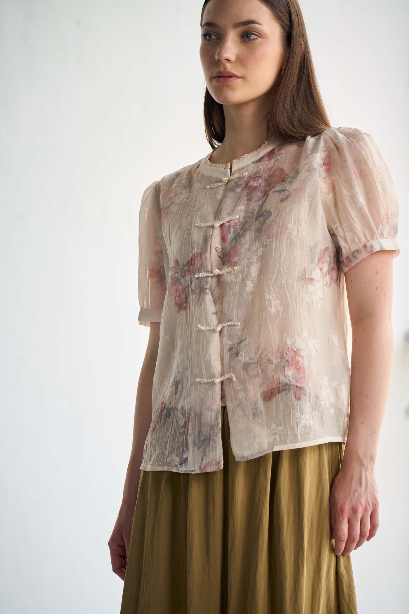 Beige Floral Silk Jacquard Organza Top