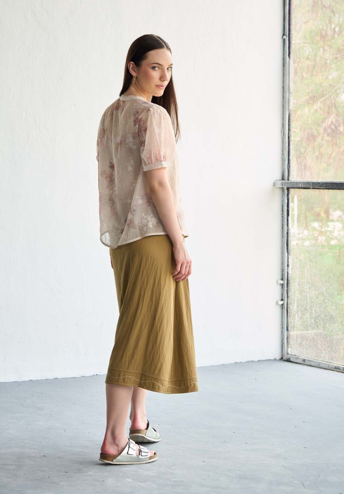 Beige Floral Silk Jacquard Organza Top