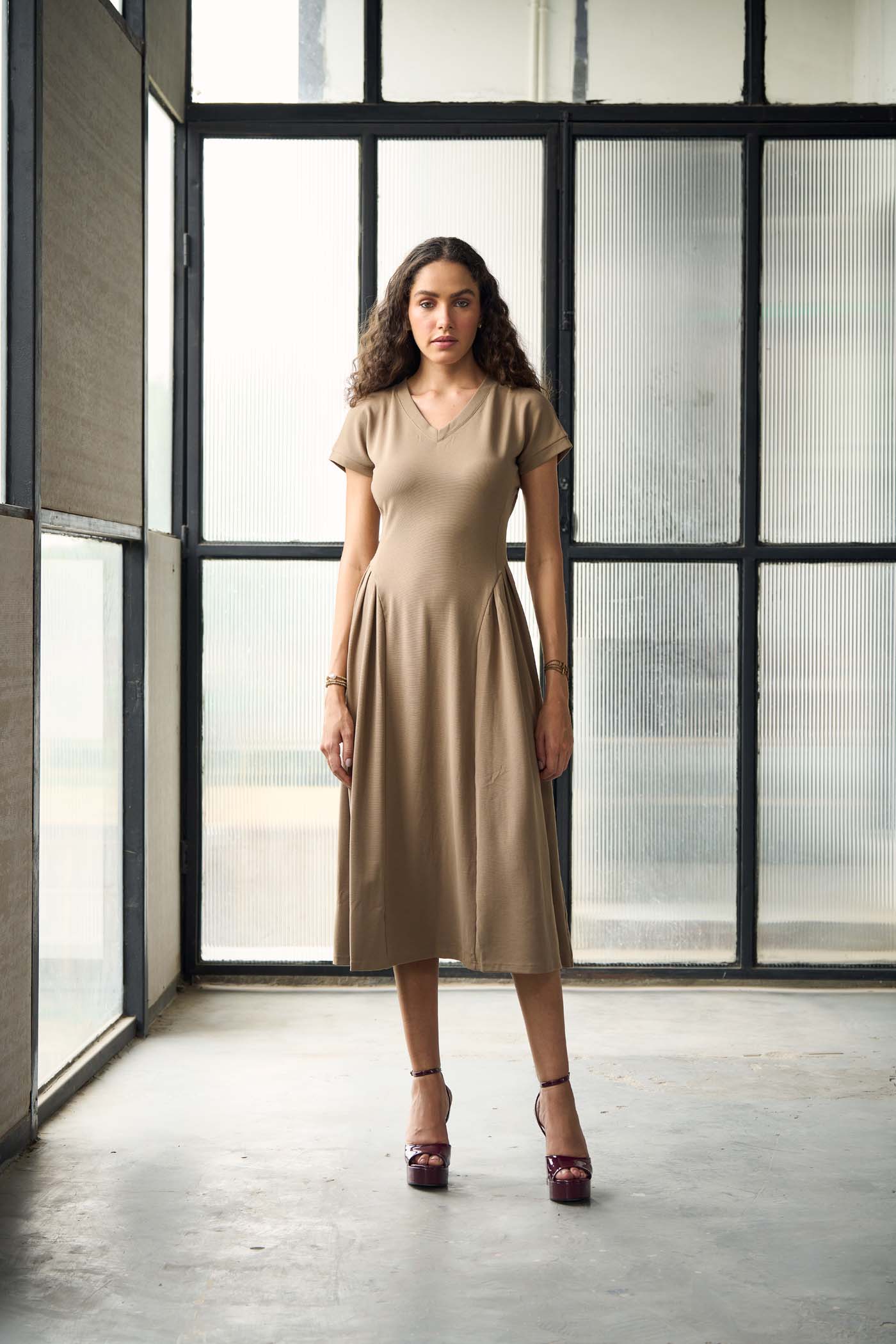 off the shoulder dress beige bebe Off Shoulder Mesh Midi Dress Embellished With Crystals by Swarovs main image 1